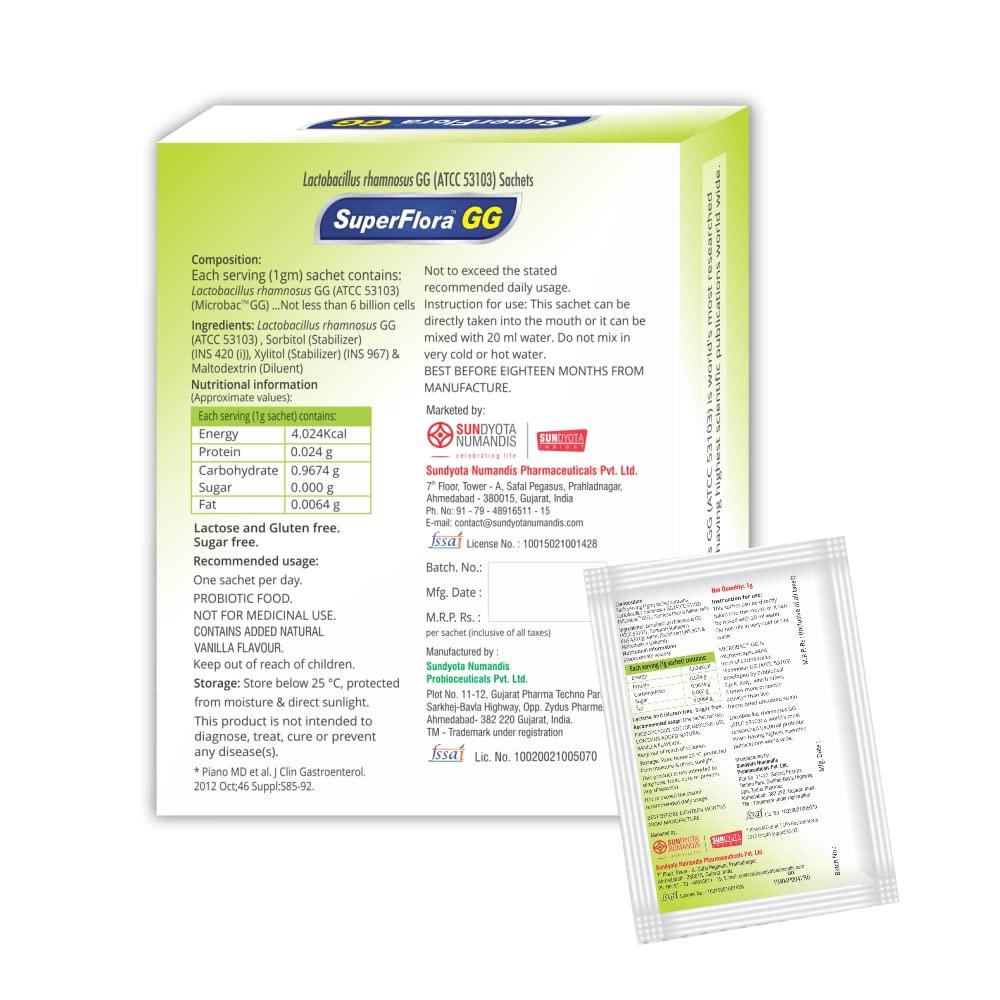 Sundyota Lifecare Sundyota's Superflora GG Probiotic Supplement | Eq. to 30 billion cells - 5X more probiotic activity | Probiotic for kids, men & women | Orodispersible vanilla flavored Sachets. (10 Sachets)