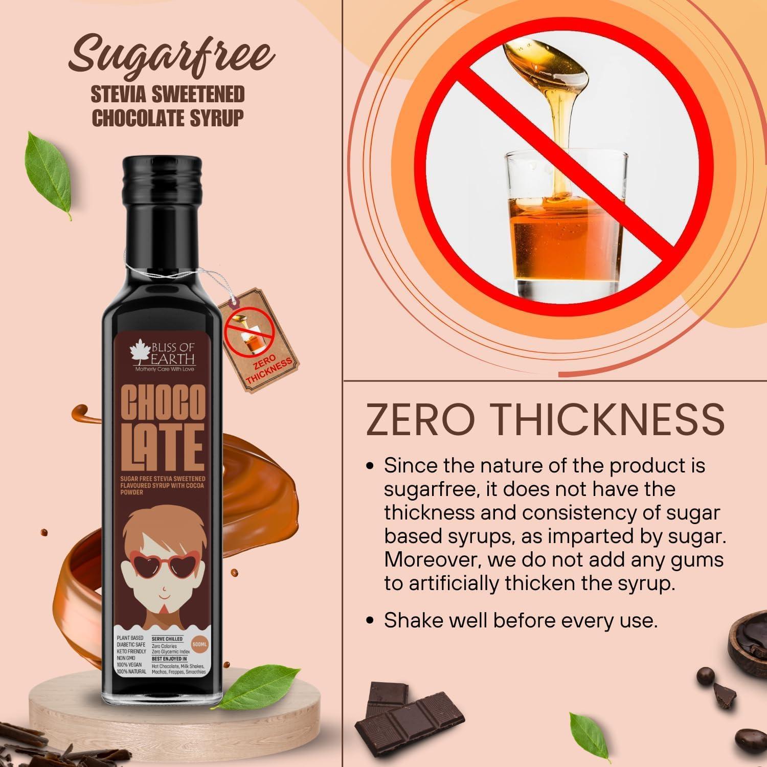 BLISS OF EARTH Bliss of Earth Sugarfree Chocolate Syrup, for Hot Chocolate, Coffee, Milkshake, Chocolate Syrup with Real Cocoa Powder. Zero Calorie, Diabetic Safe & Keto 500ml (Pack of 2)