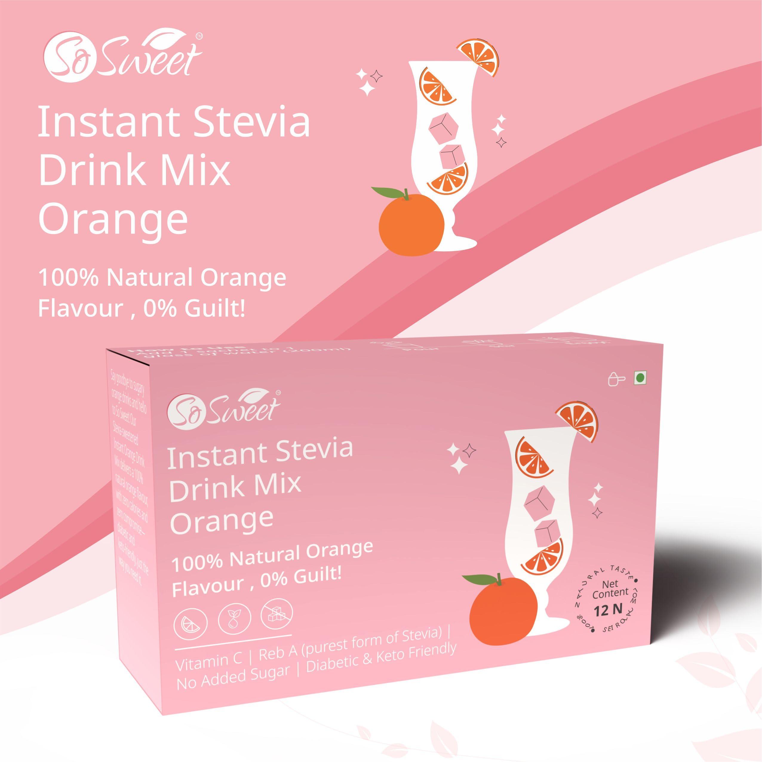 So sweet So Sweet Stevia Orange Instant Drink Mix Sugar Free | Zero Calories| Enrich with Vitamin C | 12 Sachets -Pack of 5