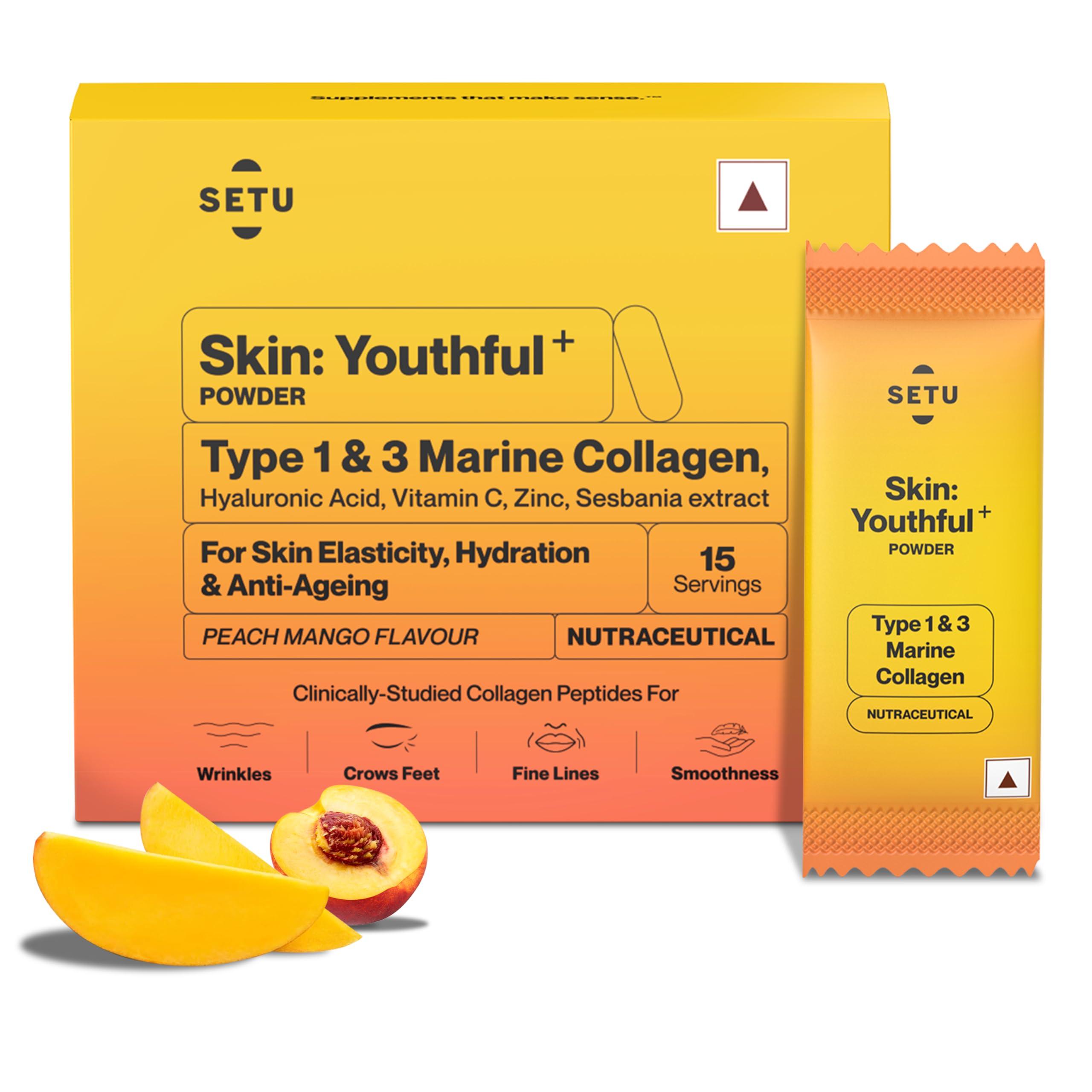 SETU Setu Skin: Youthful Marine Collagen Powder (15 Sachets) | Collagen Supplements for Women & Men | Hydrolyzed Type 1 & 3 Collagen for Healthy Skin, Hair & Nails | Peach Mango Flavor