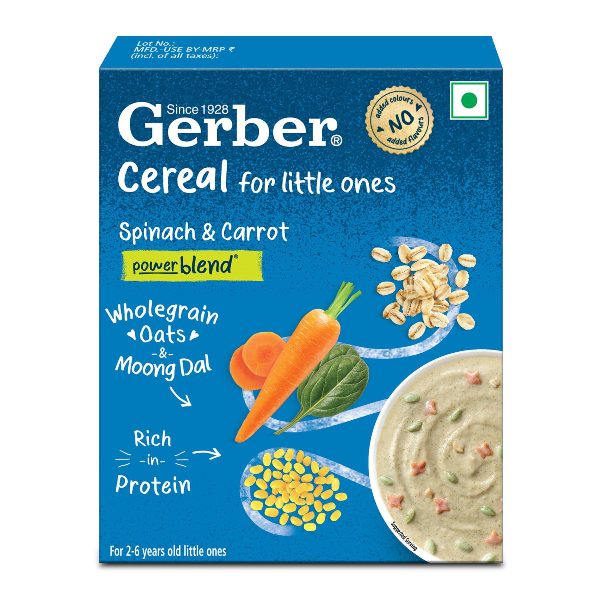 GERBER GERBER Cereals - Spinach & Carrot | Instant Cereal For Kids | 2-6 Years Of Age | Rich In Protein | With Iron & Omega-3 | No Added Colours Or Flavours | 300G