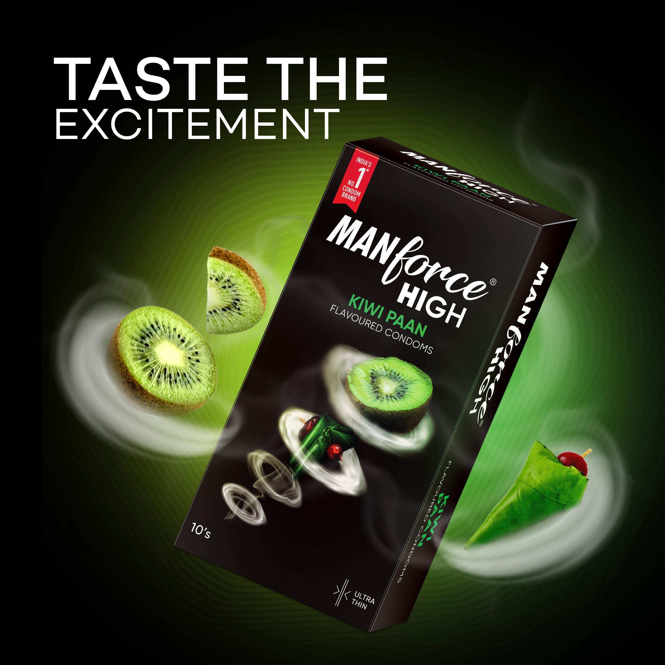 Manforce Manforce High Kiwi Paan Flavoured Condoms for Men| 10 Count| Ultra Thin| Lubricated Latex Condoms For Her Enhanced Pleasure x Pack of 4