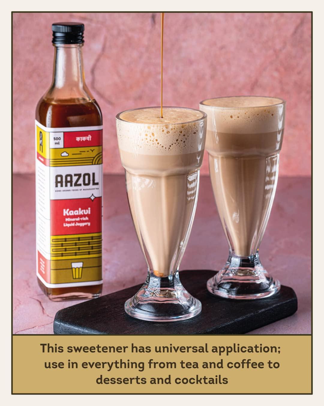 AAZOL Aazol Liquid Jaggery: Kaakvi - 1L (Pack of 2-500ml each) | Healthy Sugar Substitute | Natural By-product of Sugarcane | Mineral-rich & Nutritious | Use in Tea, Coffee, Desserts, Salads & More!