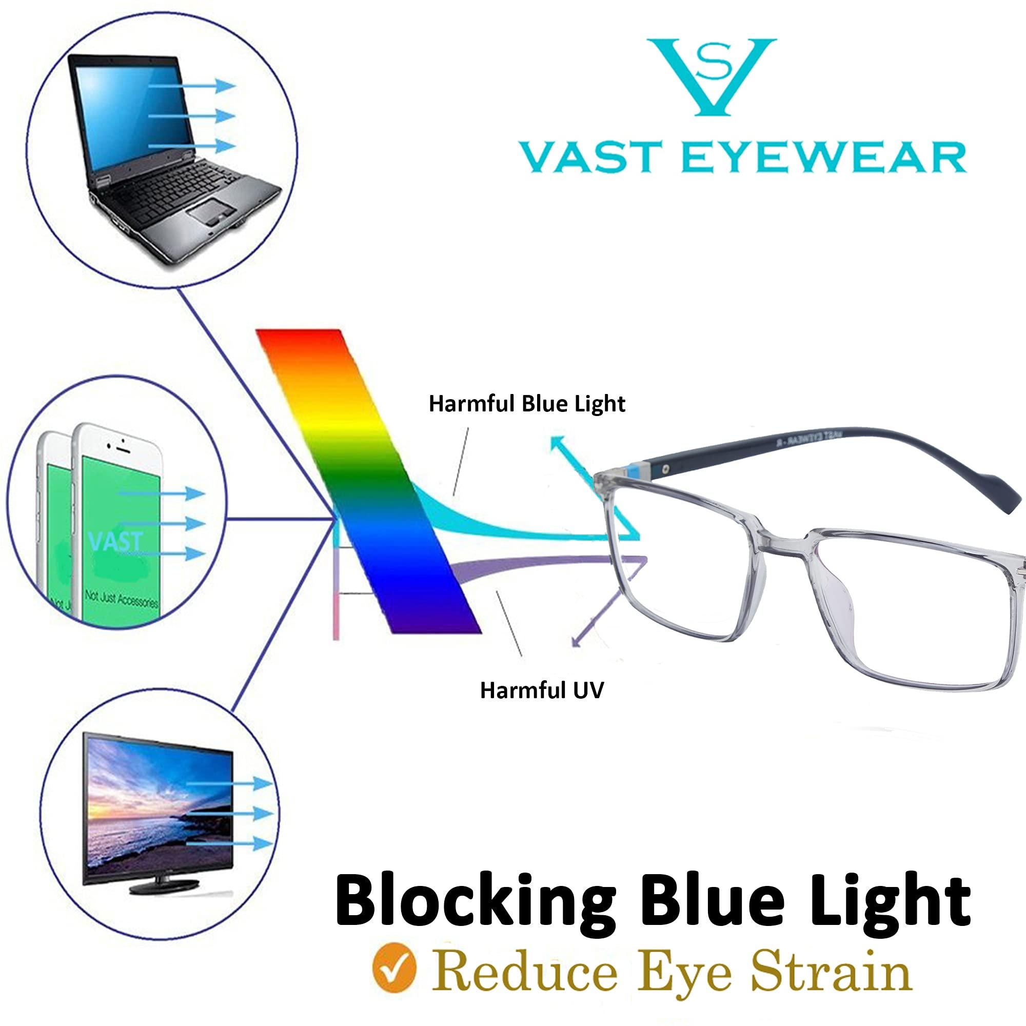 Vast Vast Square Blue Cut Computer Glasses for Eye Protection | Zero Power, Anti Glare & Blue Light Filter | UV Protection Specs for Men & Women | Chasma For Men Frames Blue Cut Lenses | Transparent