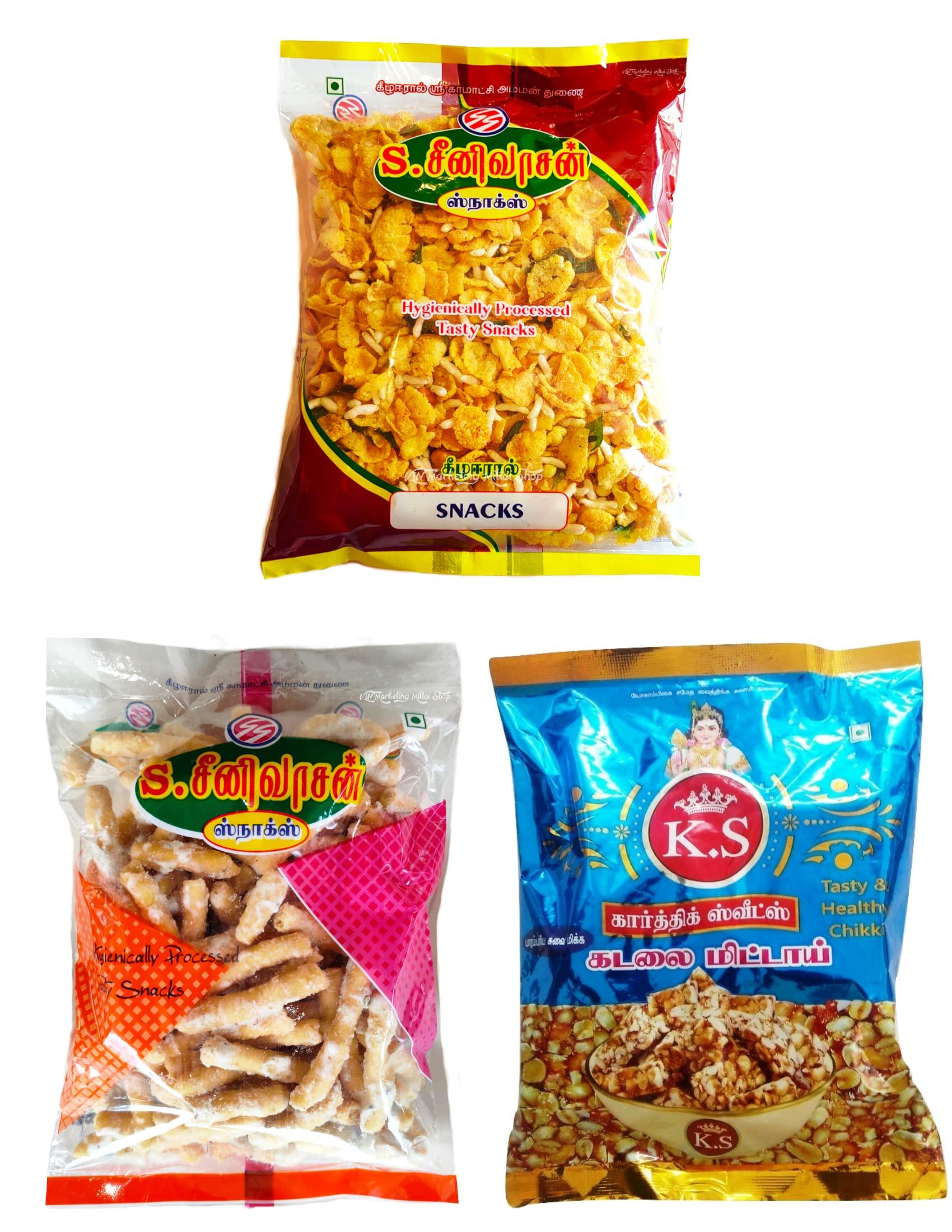 S. SEENIVASAN MITTAI KADAI S SEENIVASAN Corn Mixture 250g | Sweet Sevu 250g | Kovilpatti Kadalai Mittai 250g - Pack of 3 (750g)