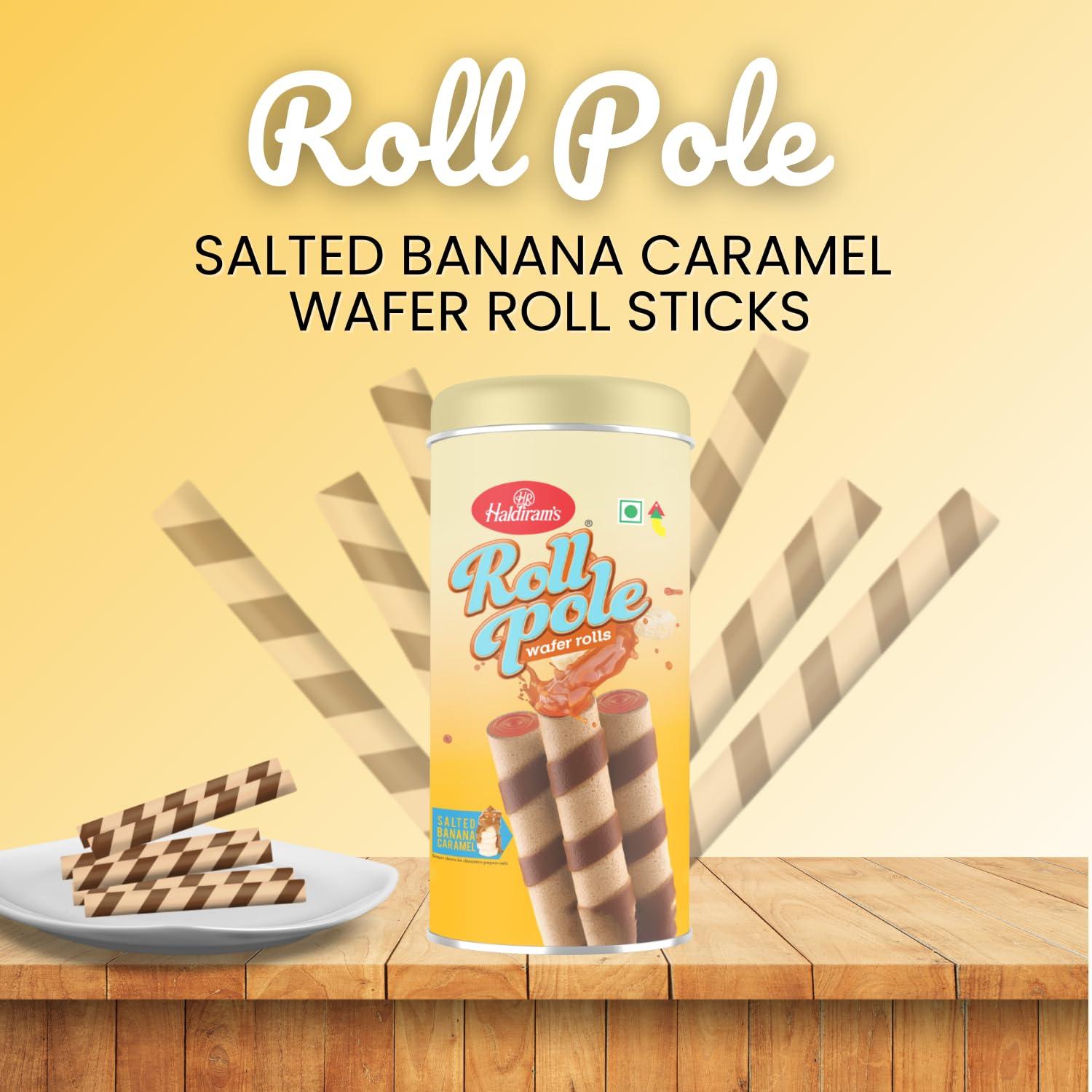 Haldiram's Haldiram\'s Roll Pole Salted Banana Caramel 150gm | Wafer Roll Sticks | Smooth Crunchy Snacks | Crackers | Sweet Treats for Kids | Rich and Creamy | Ready to Eat Snacks | Sweet Dessert