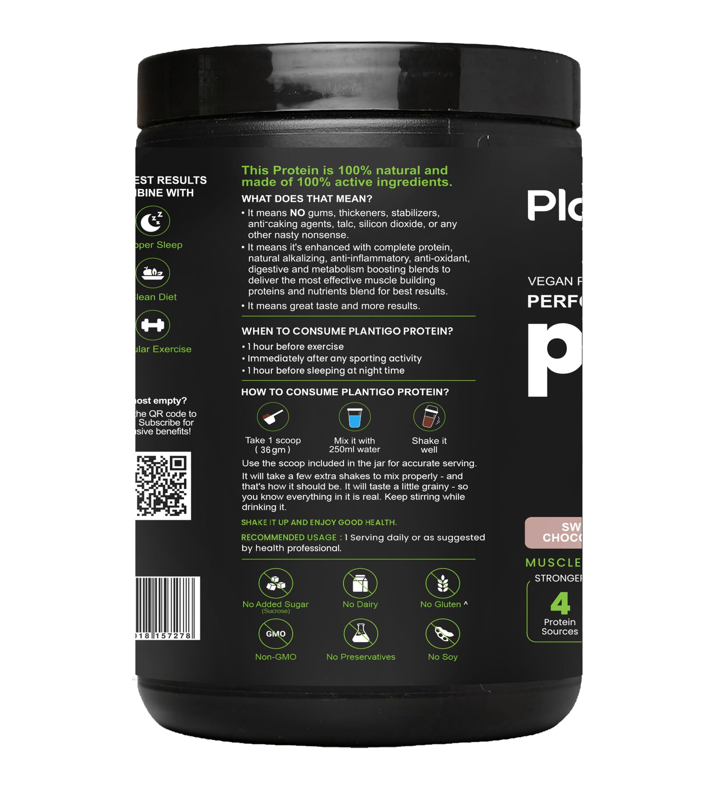 PLANTIGO Plantigo Clean Protein Powder Men & Women | 24g Plant Protein, 4.4g BCAA, 2g Leucine, 4g Fiber | No Sugar, No Dairy, No Preservatives | 4x Fast Digest, Stress & Muscle Recovery | Swiss Chocolate 500g