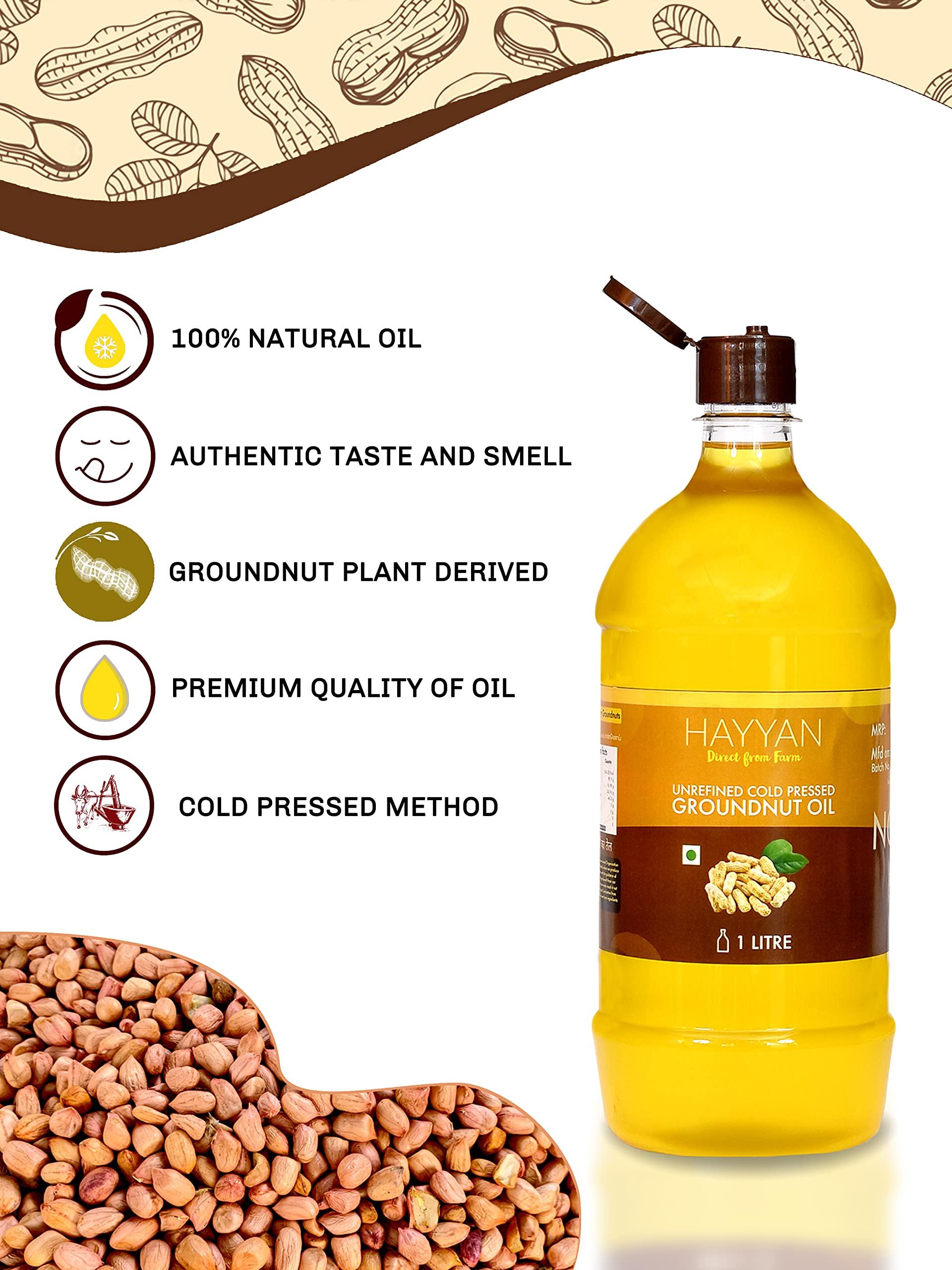 HAYYAN HAYYAN 100% Pure Unrefined Cold/Wood Pressed Virgin Groundnut Peanut Oil 1 Liter - for Cooking (Chekku/Kacchi Ghani)