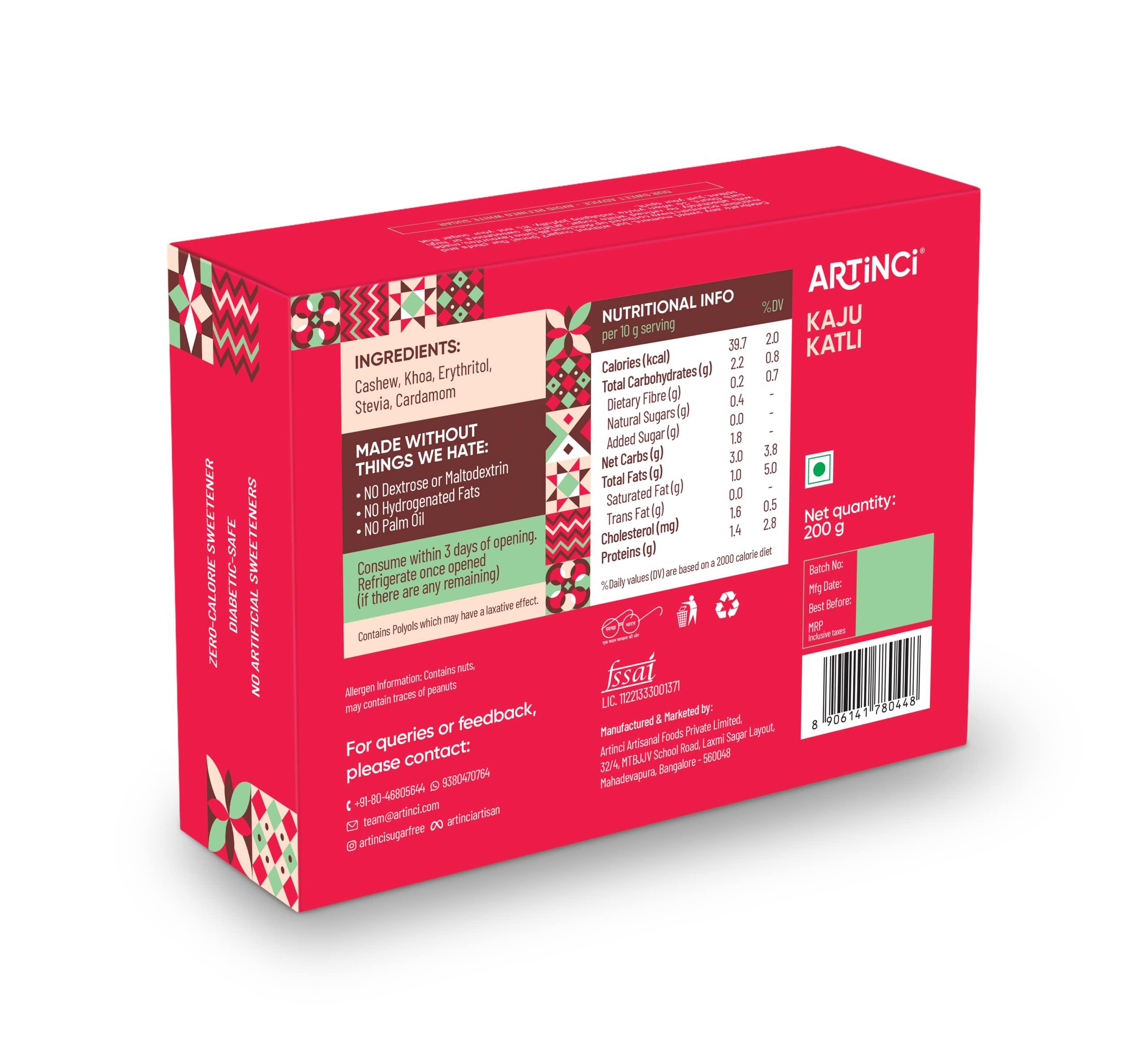 Artinci Artinci Sugar Free Kaju Katli | As Seen on Shark Tank India | Keto Diabetic Friendly with High Protein & Fibre Barfi | Low Carb | Healthy Indian Sweets | Pure Cashew | Festive Gifting | (200g X 2)