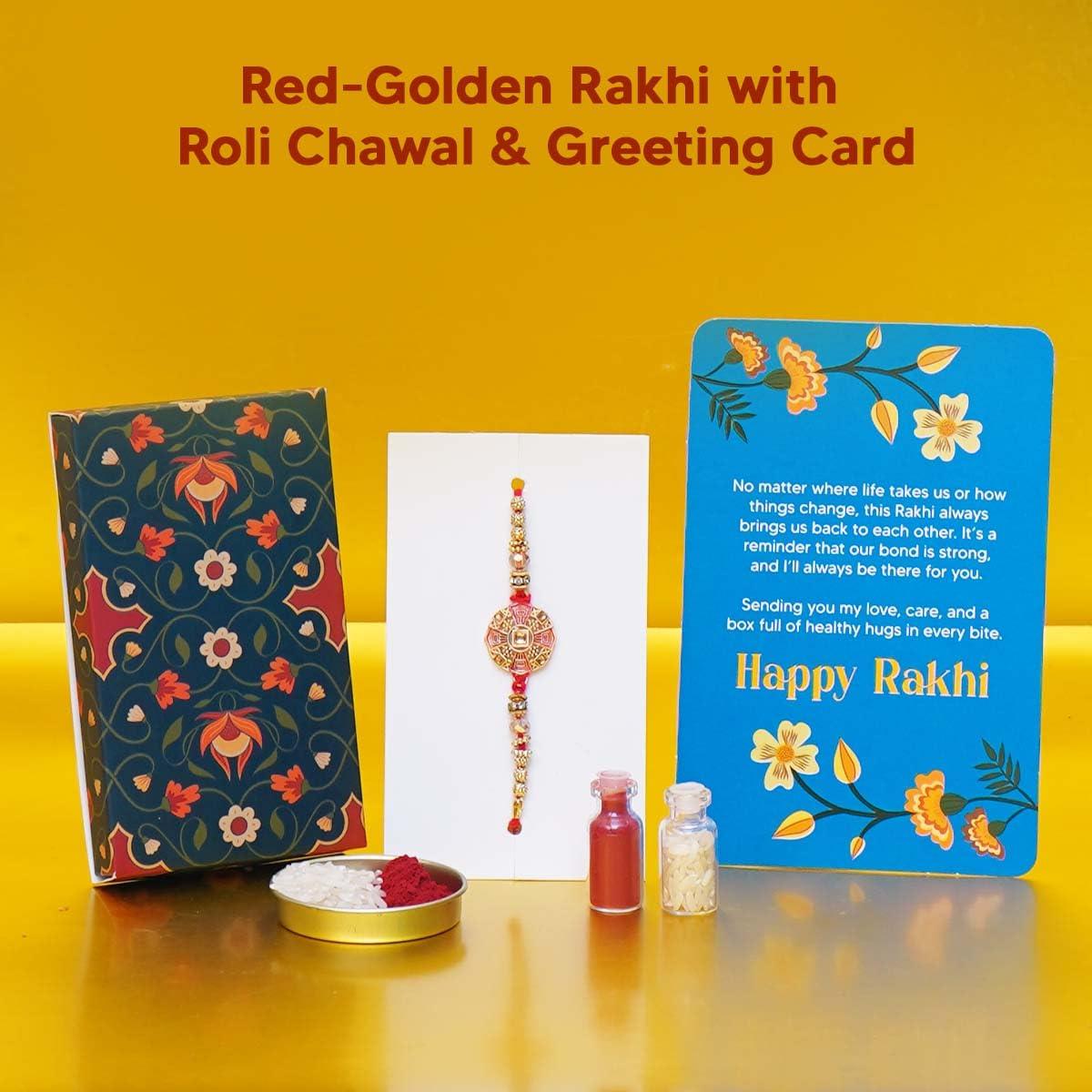EAT BETTER CO Anmol Rakhi Gift Hamper - 7 Items Combo Pack - Chocolate Coated Almonds & Cashews - Four packets of Dry Fruits with Roli, Chawal & Rakhi | Raksha Bandhan Box for Brother - Rakhi with Gift Set