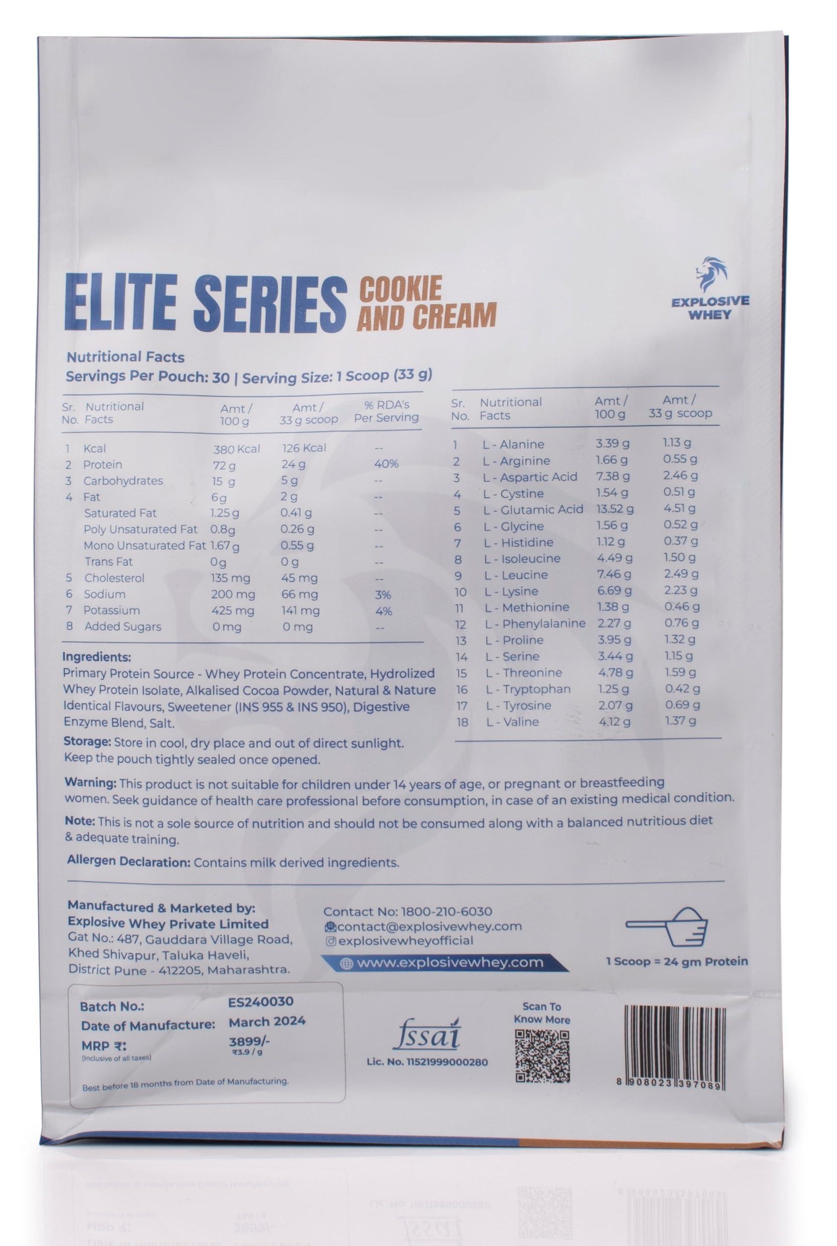 EXPLOSIVE WHEY Explosive Whey Elite Series Whey Protein - Trusted by M.S. Dhoni and Kedar Jadhav | Premium, Concentrate Sport Supplements for Enhanced Muscle Growth and Recovery (30 Servings - 1Kg, COOKIE & CREAM 24g Protein)