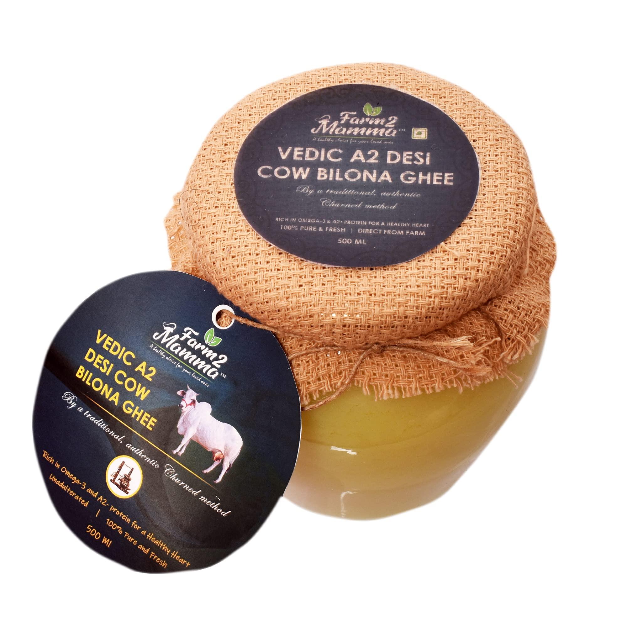 Farm2Mamma Farm2Mamma Vedic A2 Desi Cow Bilona Ghee,500ML, Curd Churned, Authentic Ghee, Pure Natural & Healthy, A2 Certified, Grass Fed Cultured Ghee, Glass Matka Jar