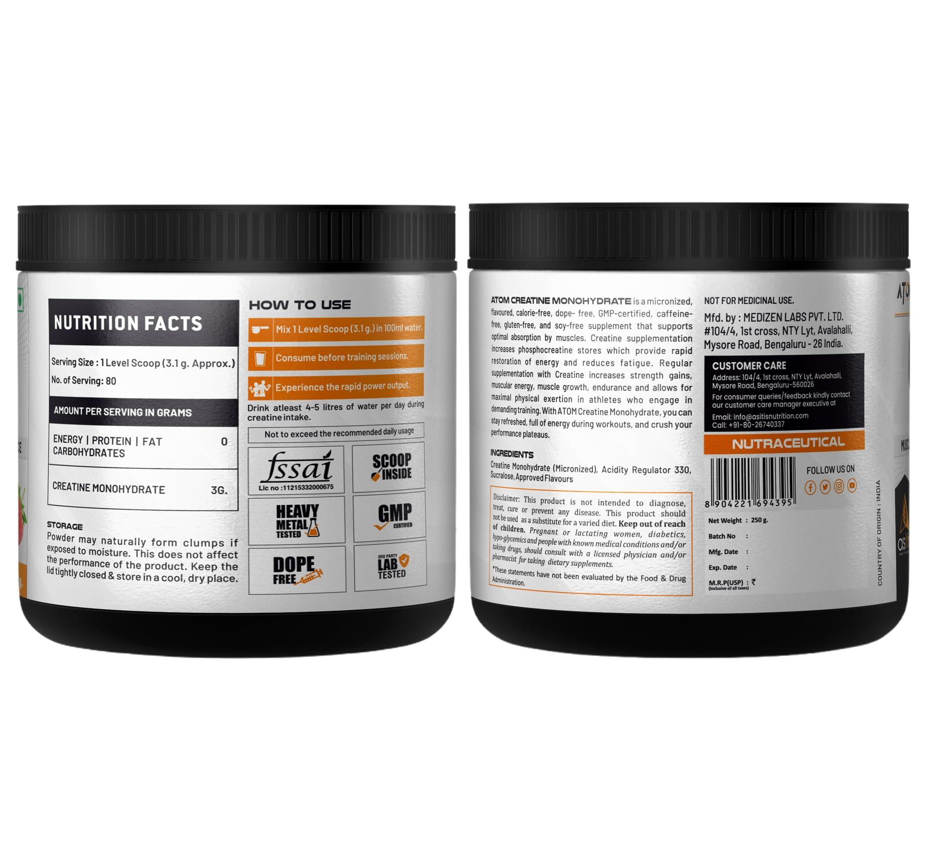 Asitis Nutrition Asitis Nutrition ATOM Creatine Monohydrate 250g - 80 Servings|Dope Free|Enhances Performance|Promotes Muscle Gains,Boosts Strength, powder, 1 count