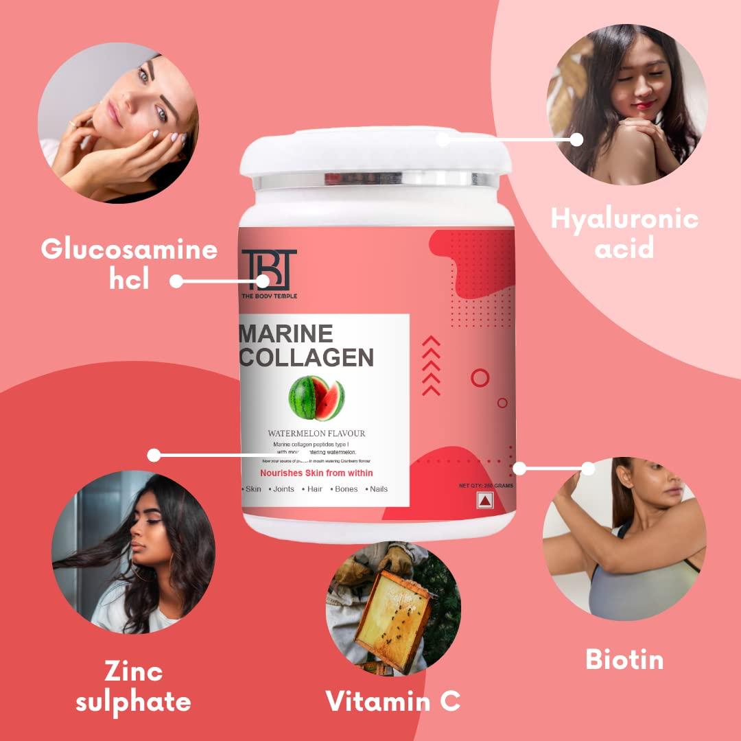 TBT The Body Temple The Body Temple Type I and III Marine Collagen with Hyaluronic Acid, Biotin & Vitamin C - No Smell - Easy to Mix - For Skin, Hair & Nails 250gm (Watermelon)