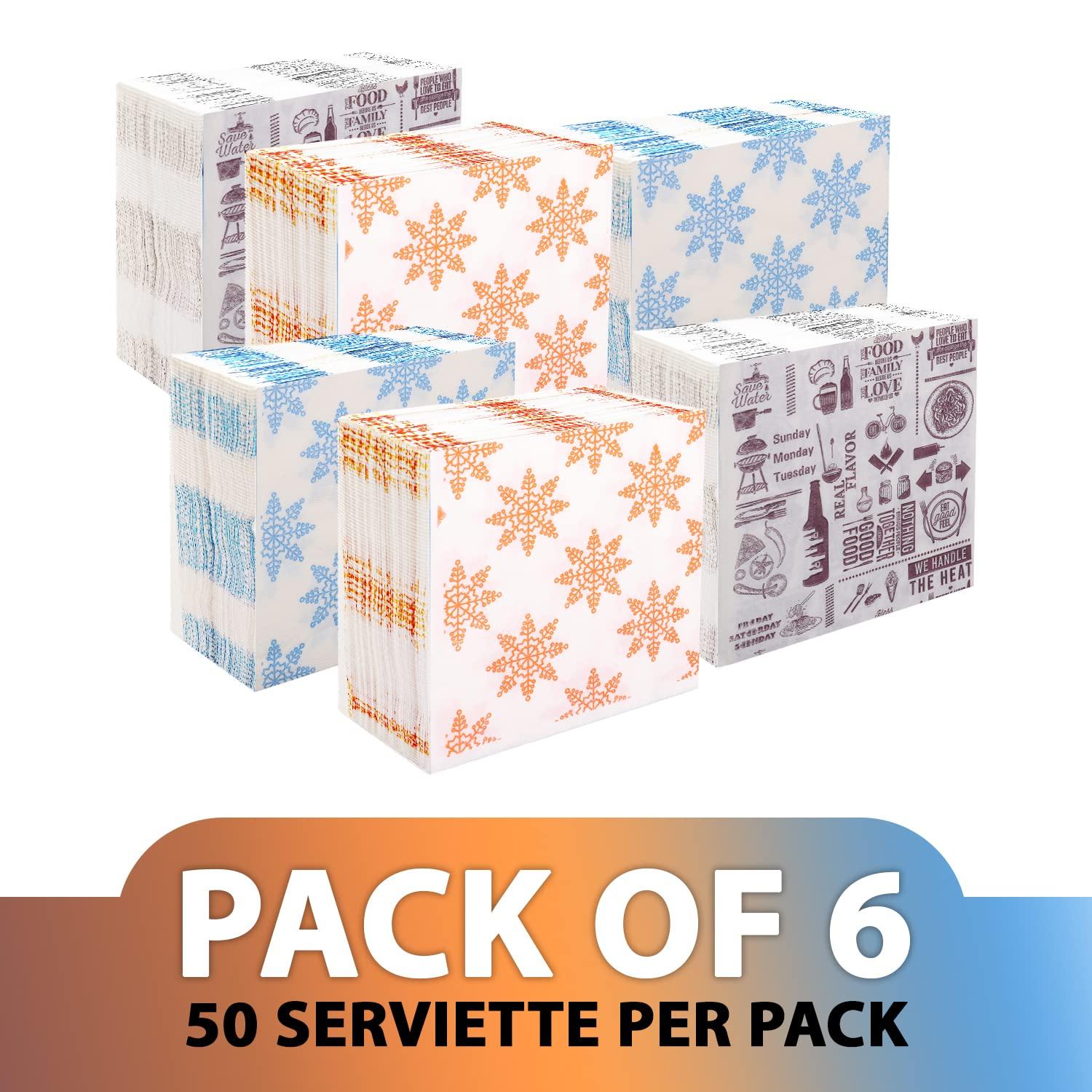 BREEZE BREEZE BRE001 2 Ply Paper Serviettes Cocktail Napkin Super Soft & More Absorbent Printed Tissue with 50 pulls (Pack of 6, 300 x 300mm,Brown, Blue and Orange)