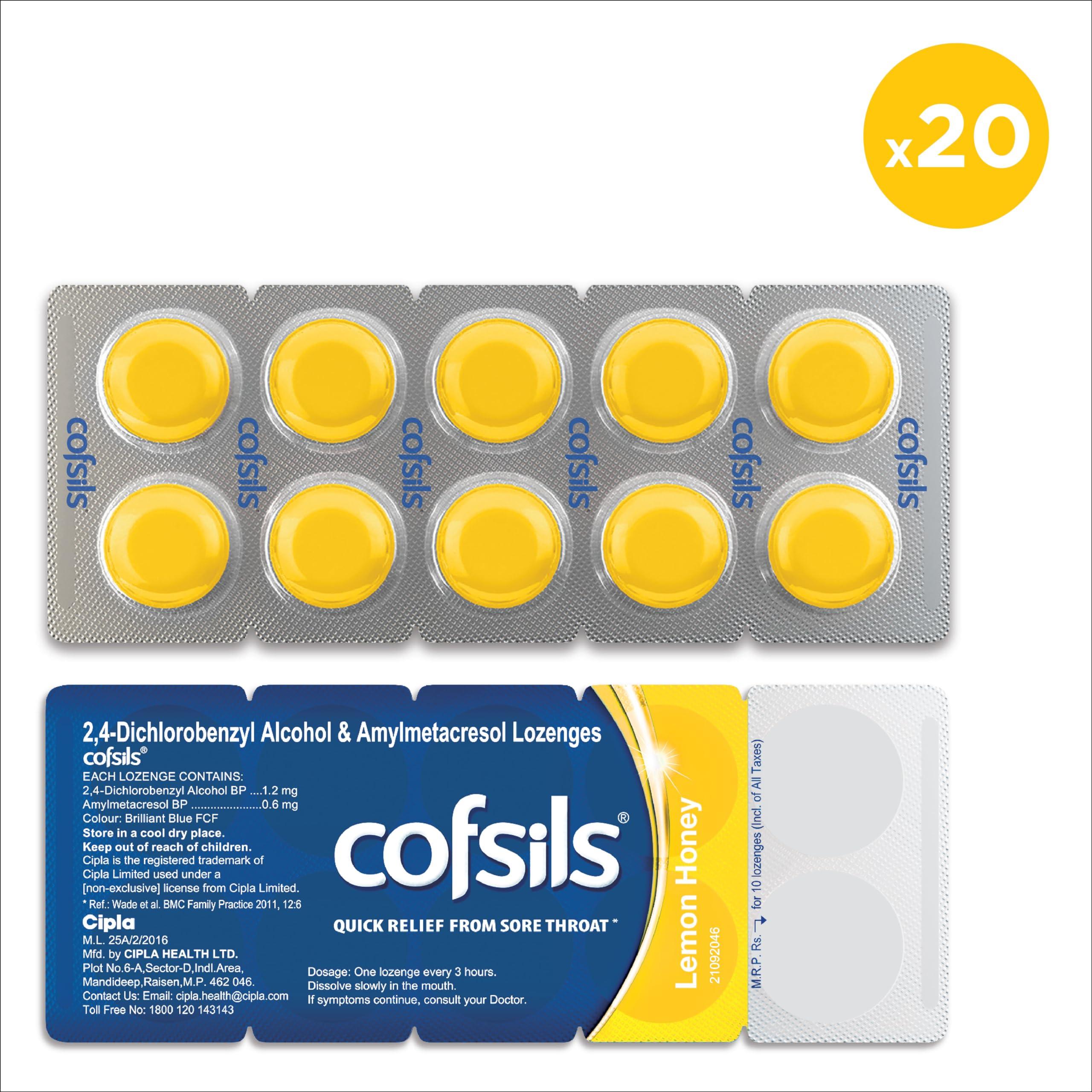 Cipla Cipla Cofsils Lozenges (200 Lozenges) | Lemon Honey Flavour | Quick Relief from Sore Throat, Itchy Throat and Scratchy Throat (10 x 20 Strips)