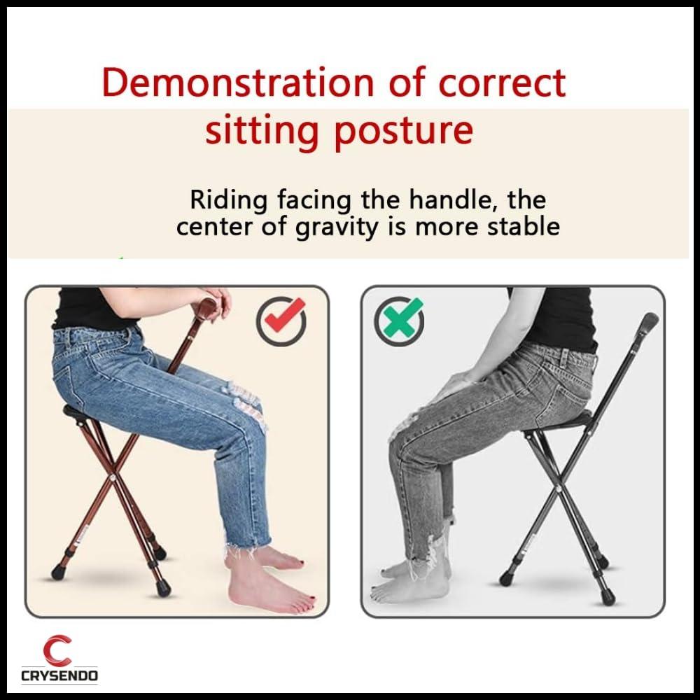 CRYSENDO Crysendo Walking Stick Cum Seat for Elders | Chair Folding Durable & Comfortable Cane Stool | Easy Carry Cane Chair Travel Hiking Hand Stick Cum Stool (LED Black)
