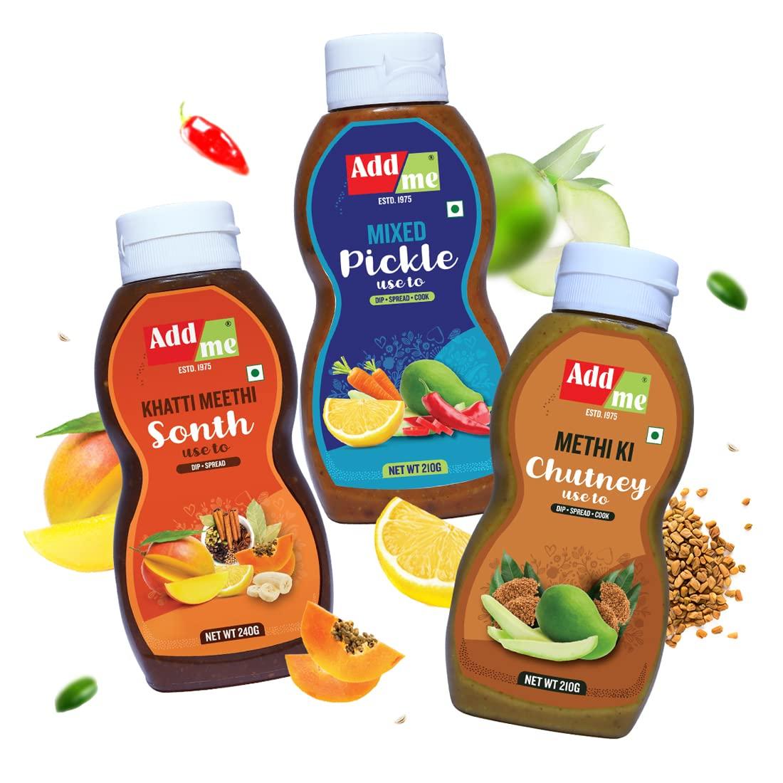 Add me Add me Khatti meethi sonth Chutney 240 G, Addme Mixed Pickle Chutney 210 G, & Addme Methi Dana achar Chutney 210 G ( 3 Bottles) = 660 Gm
