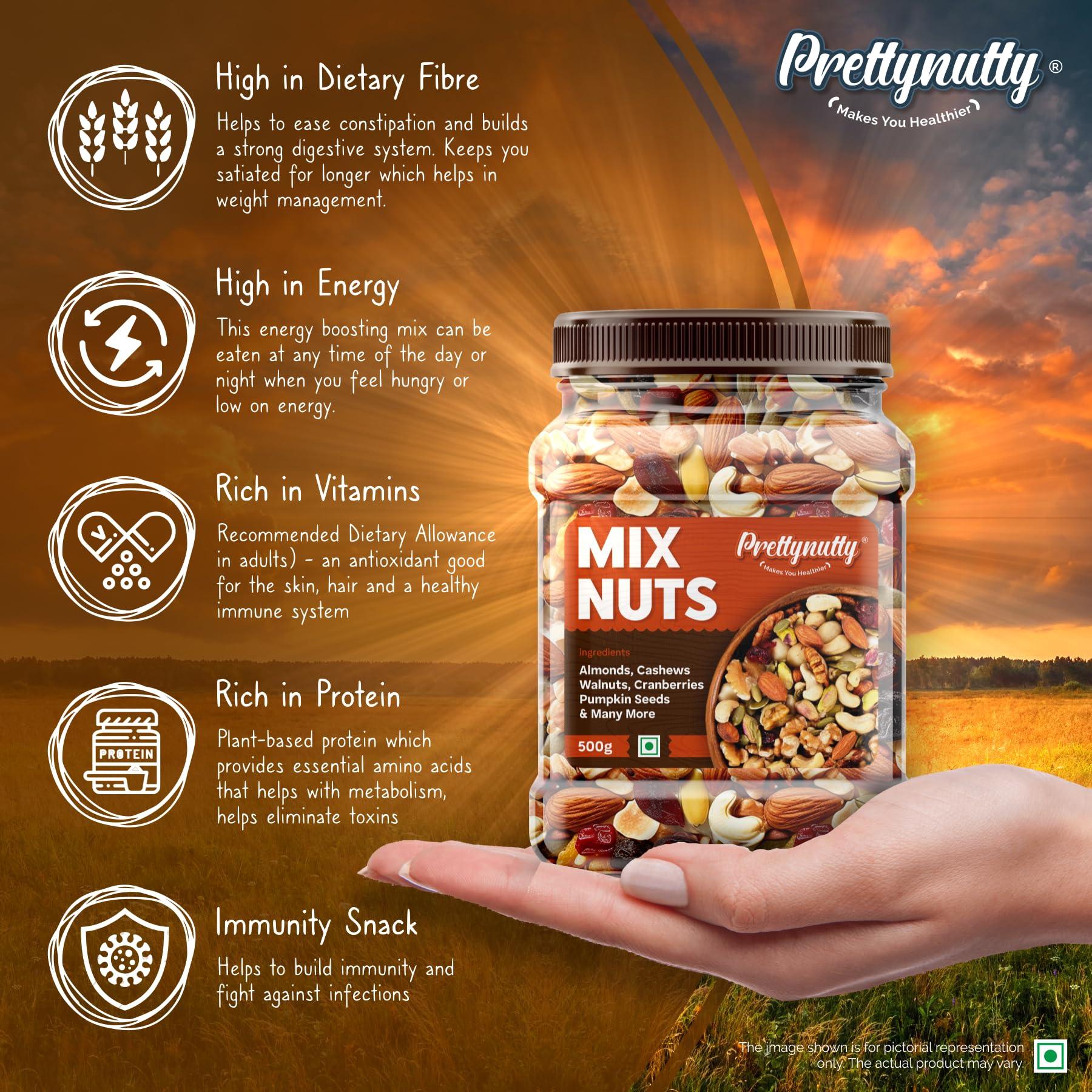 PrettyNutty PrettyNutty Healthy Nutmix 500g, Dried Almonds, Black Raisins, Cashewnuts, Cranberries, Black Dates & Many More. (Pack of Jar)