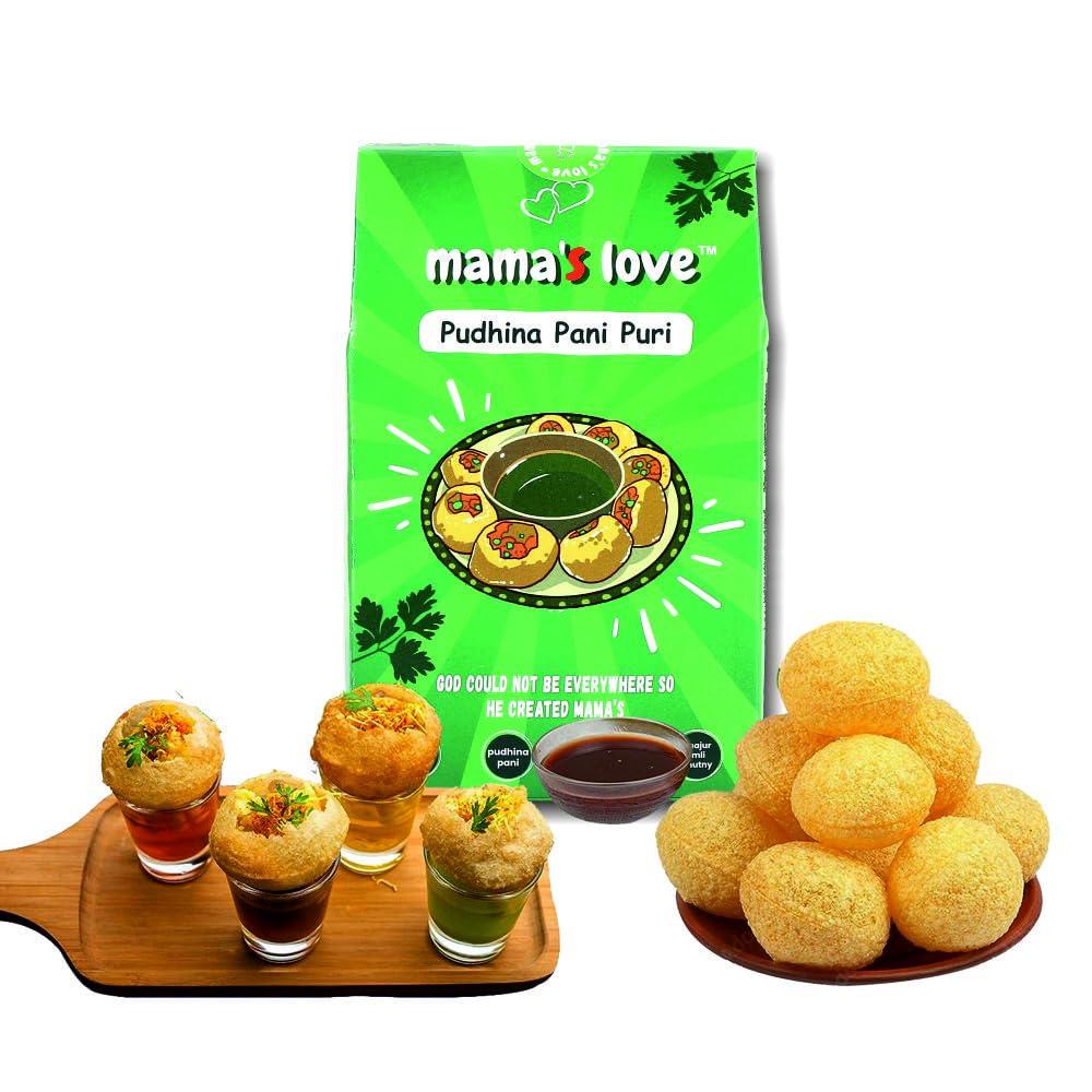 Mama\'s Love Mama\'s Love 280Pcs Ready-to-Cook Pudina Golgappa Pani Puri Packet Readymade - Homemade Pani Puris | Pack of 1 | Each Pack Includes 40 Pcs Pani Puri, 2 Types of Masala, 1 Tamarind Imli Chutny (Pack Of 7)
