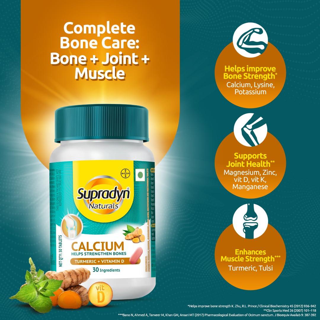 Supradyn Supradyn Naturals Calcium for Men and Women|Multivitamin with Vitamin D, Magnesium, Zinc, Vitamin B 12 & Turmeric|For Bone health and Joint support|Pack of 60 tabs|Veg