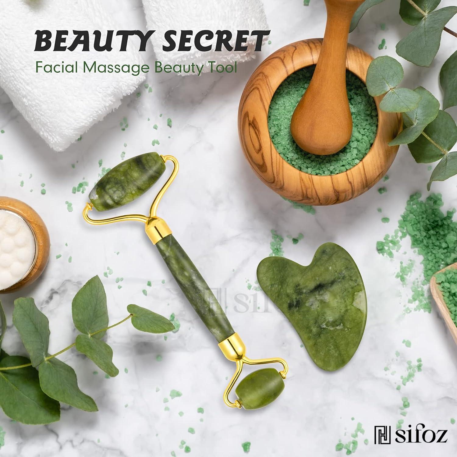 Sifoz Sifoz Jade Roller & Gua Sha Set Face Roller Anti-Aging Facial Roller Natural Green Jade Beauty Massager Tool Skin Care Tool for Face Neck Eye to Reduce Wrinkles and Relax Body Muscles