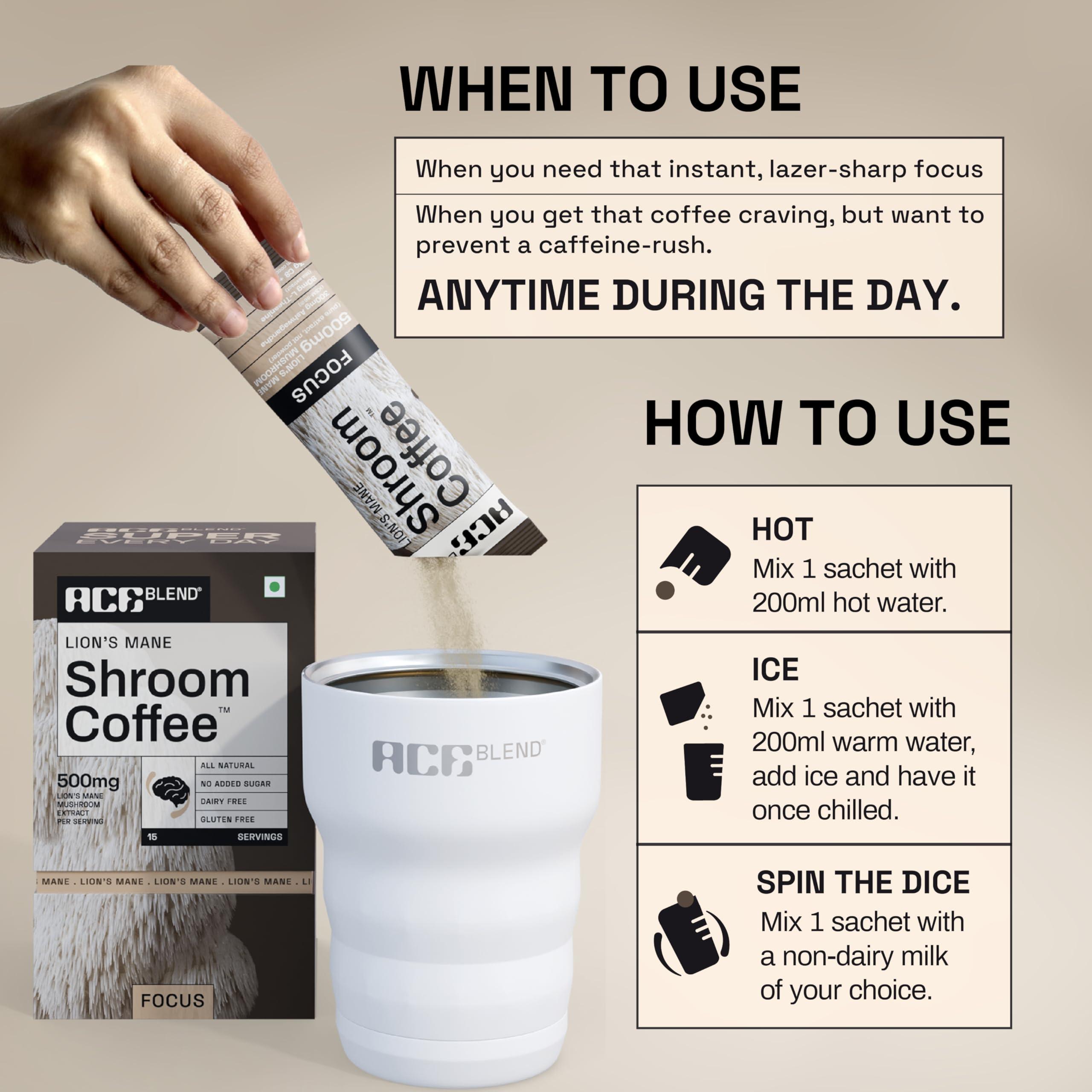 Ace Blend Ace Blend Lions Mane SHROOM COFFEE | 30 serves | Mushroom Coffee | KSM 66 Ashwagandha | L-Theanine | MCT | Focus | Memory | 100% Arabica | Instant Black Coffee | Keto | Cold/Hot Brew