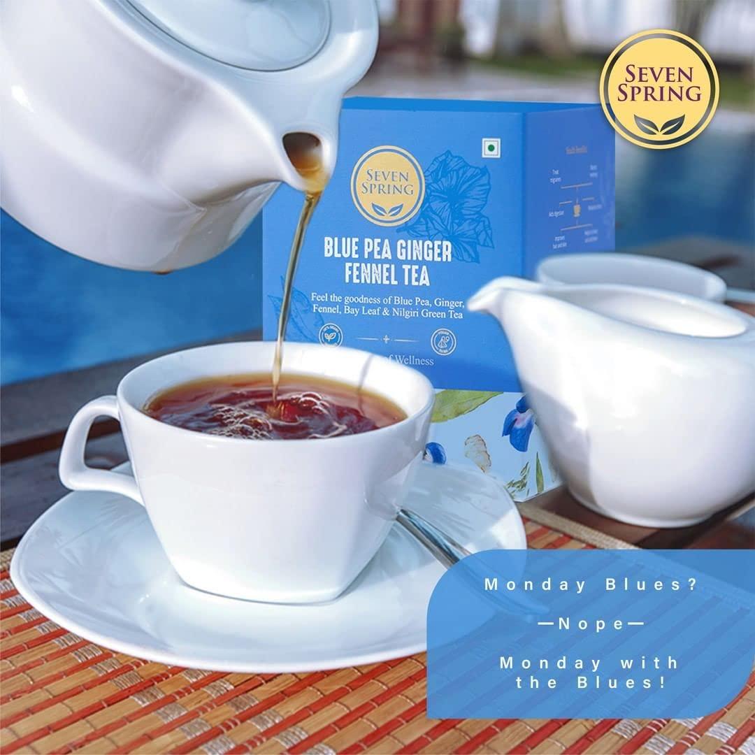 SEVEN SPRING Seven Spring Blue Pea Ginger Fennel Tea | 90 Cups - 30 tea bags | Reduces Stress and Calms your Senses | Shankhpushpi Ancient Tea