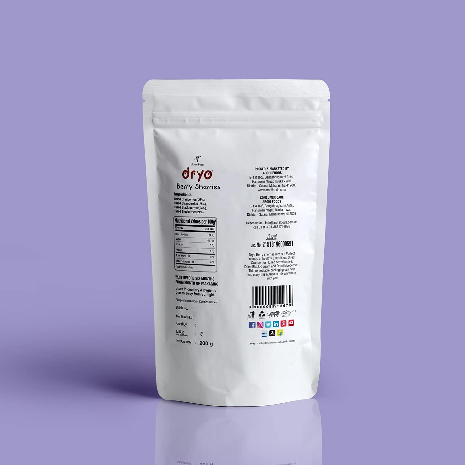 dryo Dryo Healthy Snack Berries Sherries Mix Dried Berries (Cranberries, Blueberries, Strawberries, Black Currants) for Kids and Adult (Pack of 1) - 200 g