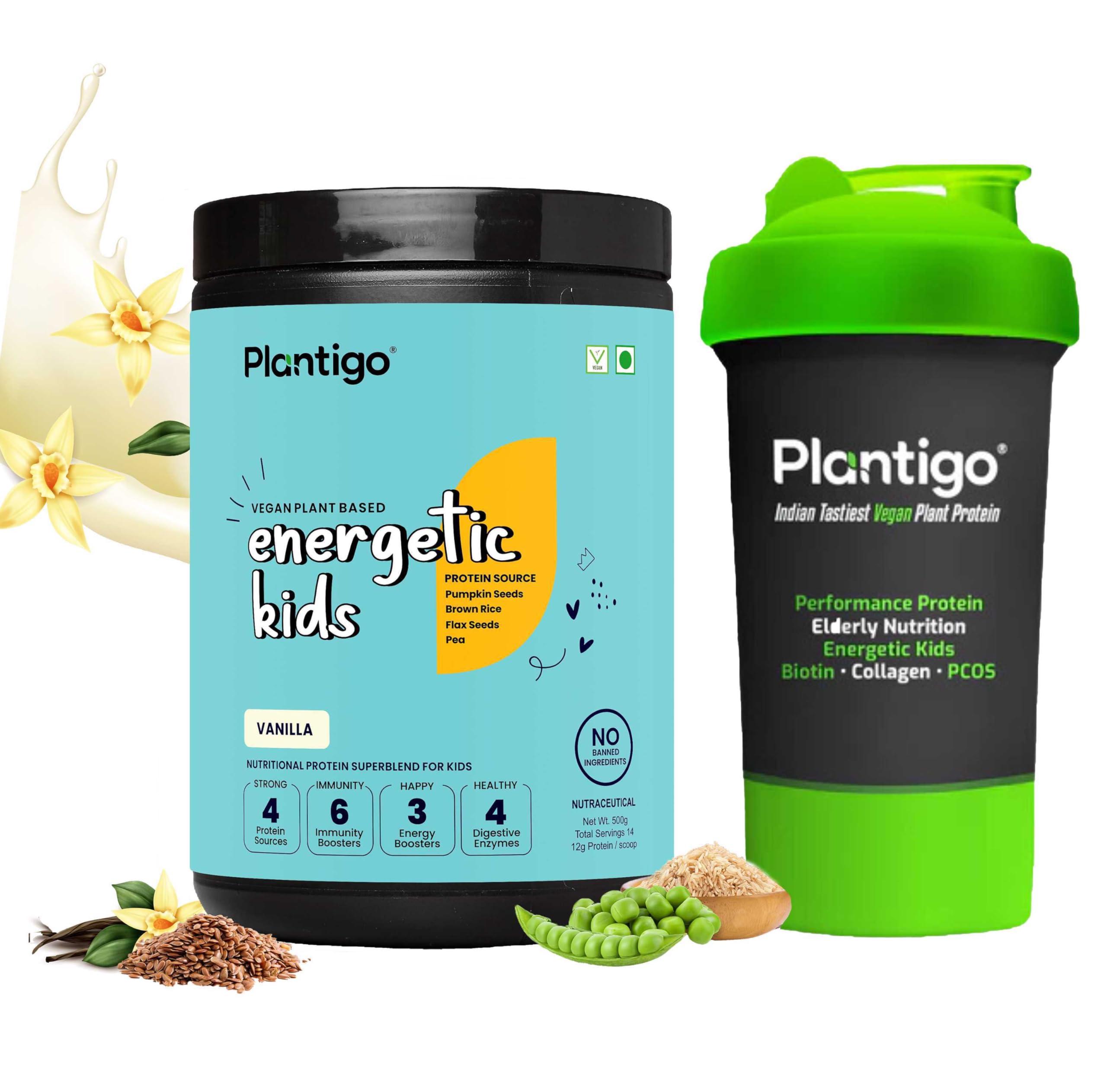 PLANTIGO Plantigo Kids Protein 14g, 11 Vitamins, 8 Minerals, Vegan Nutrition Supplement | Muscle, Bone Growth & Brain Health | Plant Protein Powder for Kids 10+ years | (Vanilla Flavor - 500g + Shaker, 600ml)