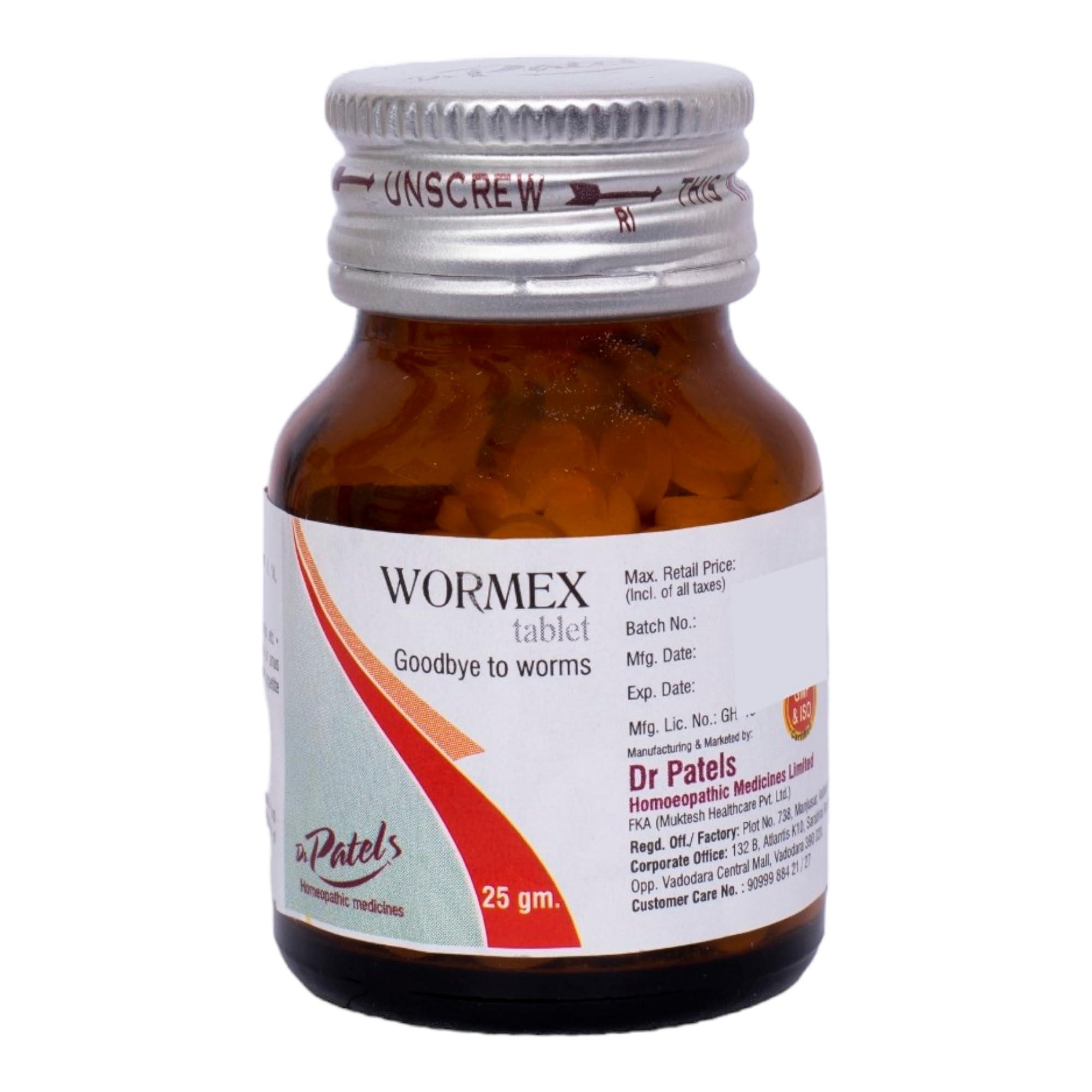 DR PATELS HOMEOPATHIC MEDICINES Dr Patel\'s Homeopathic Wormex Tablets | Ideal Treatment for Diarrhea, Convulsions, Itching, Parasitic Diseases, Worm Infestations, Weakness, and Irritability - 25gms (Pack of 2)
