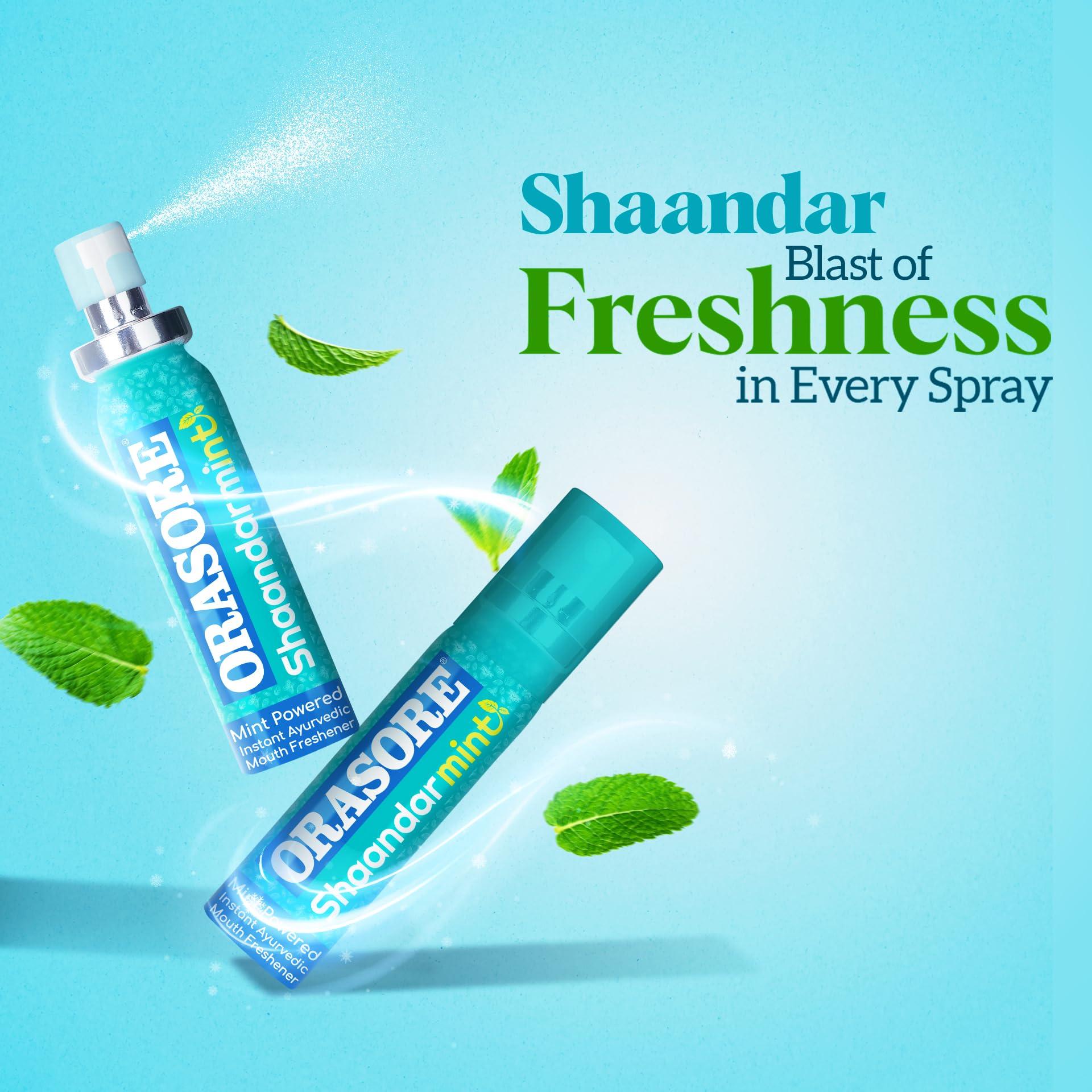 ORASORE Shaandar Mint Instant Mouth Freshener Spray by Orasore | Pudina, Aloe Vera, Peppermint, Cinnamon, Clove & Elaichi | Amazing Cool Breath Freshening with Zero Calories & Anti Bacterial Protection | 15g Pack