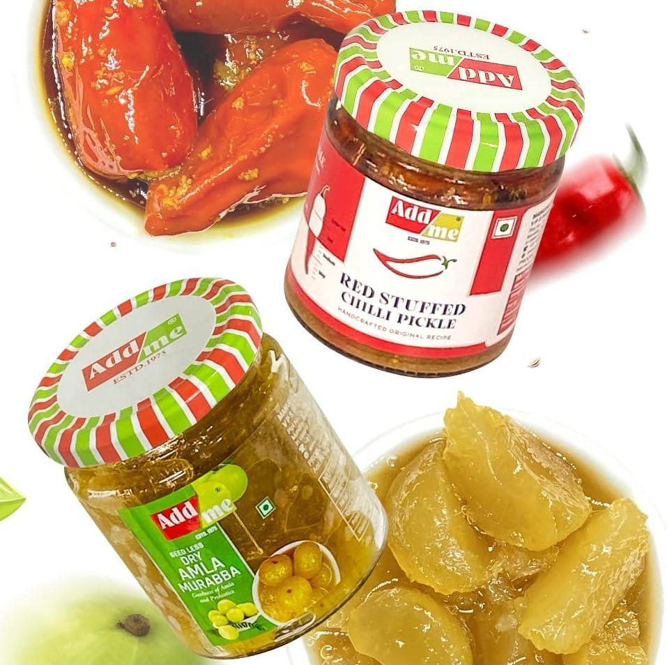Add me Add me Combo Pickle Pack 6 In 1 Dry Mango Achar 150Gm + Mixed Pickles 200Gm + Amla Murabba 200Gm + Sweet Lemon Pickle 200Gm + Lal Mirchi Ka Achar 200Gm + Sweet Mango Jeera Chutney 200Gm Glass Jar