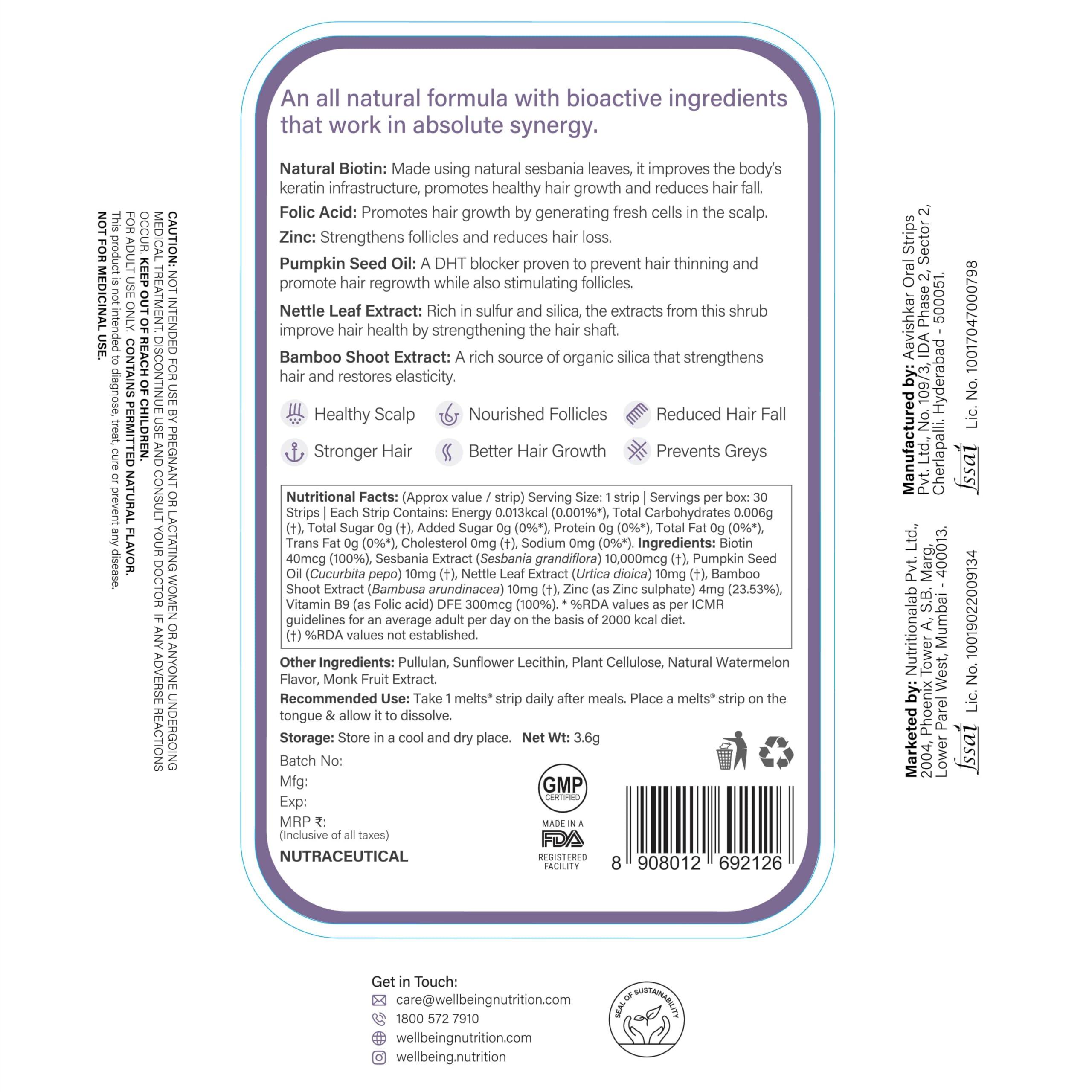 WELLBEING NUTRITION Wellbeing Nutrition Melts Healthy Hair | Plant Based Biotin, Zinc, Bamboo Extract, Folic acid for Hair Nourishment, Strength and Thickness (60 Oral Strips)