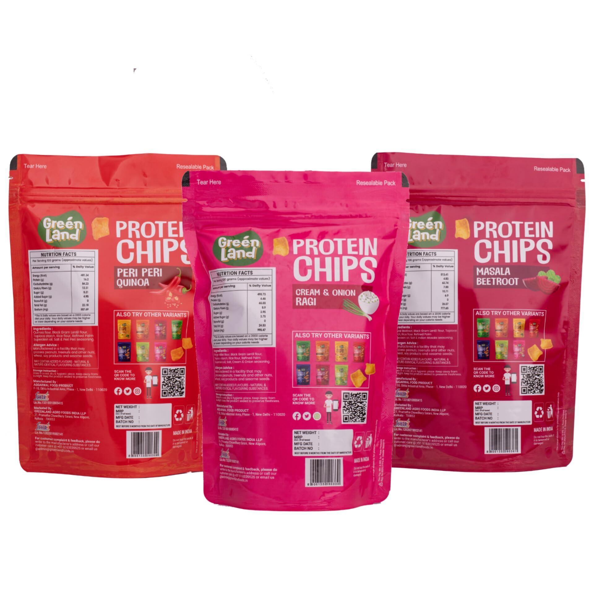 GREENLAND GREENLAND Protein Chips (Pack of 3, 80g Each) Healthy Snacks | Gluten Free | Rich in Protein | Zero Trans Fat | Flavor: Peri Peri Quinoa, Masala Beetroot, Cream & Onion Ragi