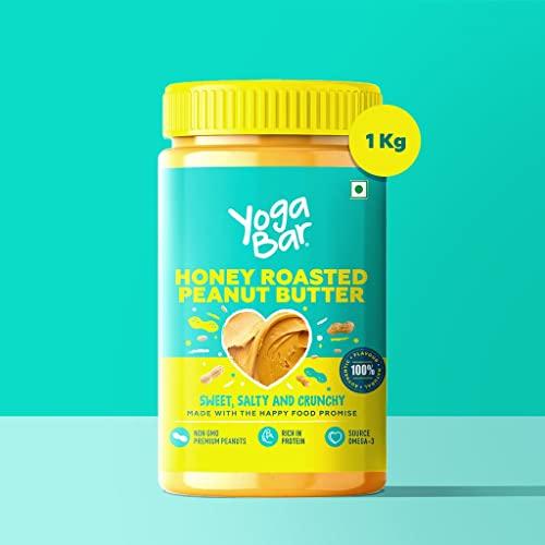 Yogabar Yogabar Honey Peanut Butter 1kg | Sweet, Salty and Crunchy Peanut Butter | Slow Roasted & Slow Ground Non GMO Peanuts for Delicious Taste | Rich in Omega 3 & Protein | No Palm Oil
