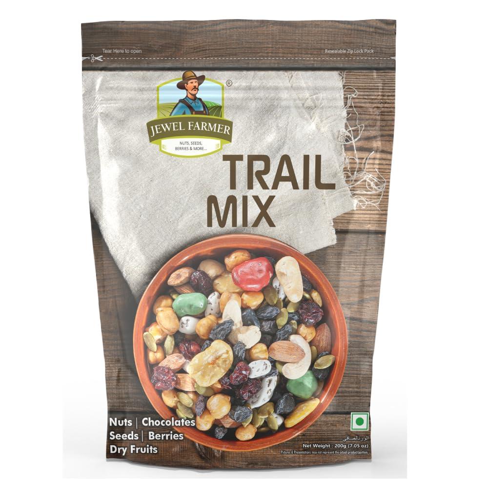 JEWEL FARMER JEWEL FARMER Trail Mix with Chocostones, Almonds, Cashewnuts, Cranberries, Chickpeas, Pumpkin Seeds, Black Raisins, Broad Beans, Sugar, Sunflower Oil & Edible Salt (200g)