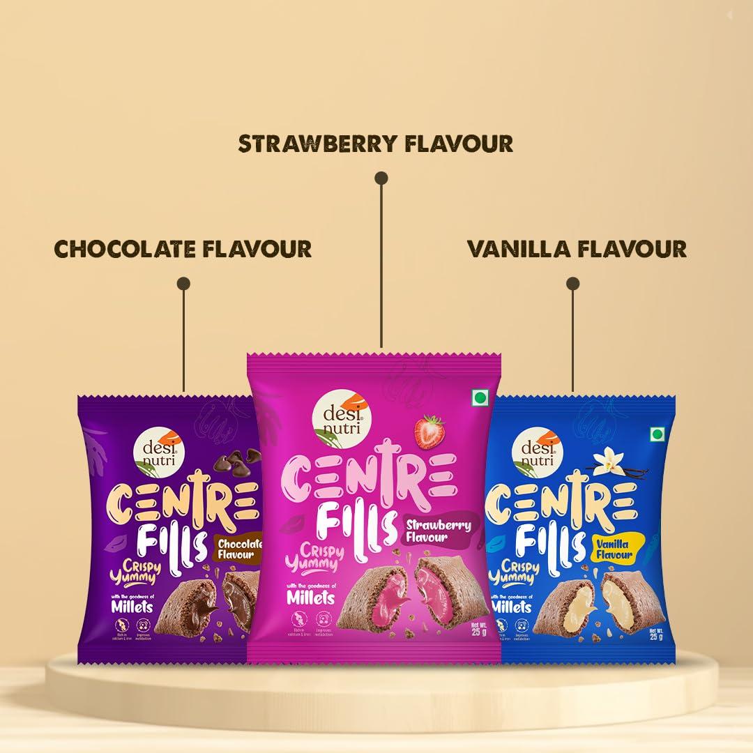 Desi Nutri Desi Nutri Centre Fills Millet Chocos Combo pack 25GX4(100G) | With the goodness of Millets | (2N X Chocolate Fills, Vanilla Fills & Strawberry Fills) | Pack of 4 | Free toy inside