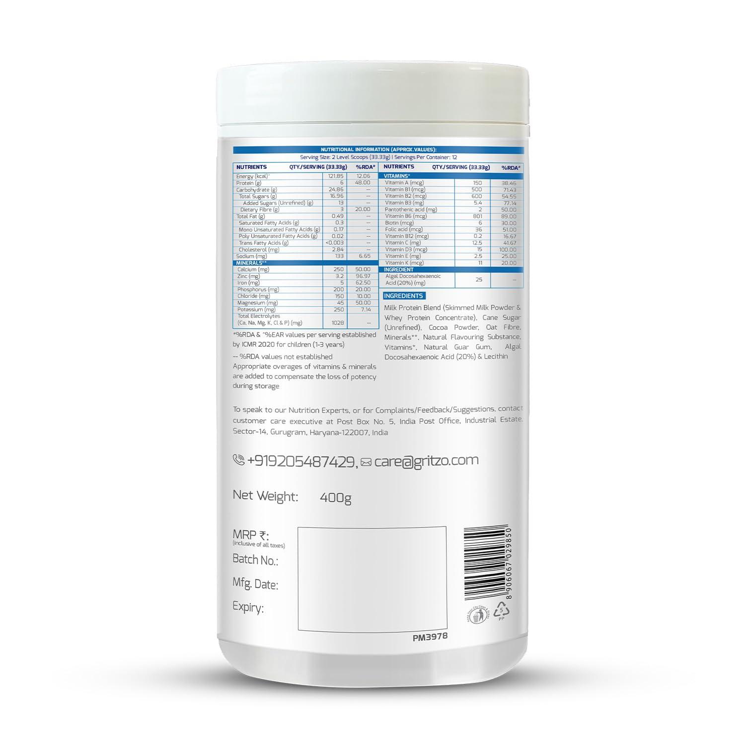 Gritzo Gritzo SuperMilk Overall Growth (2-6y), 6g Protein Powder (Double Chocolate, 400g) | Zero Refined Sugar, 21 Vitamins & Minerals