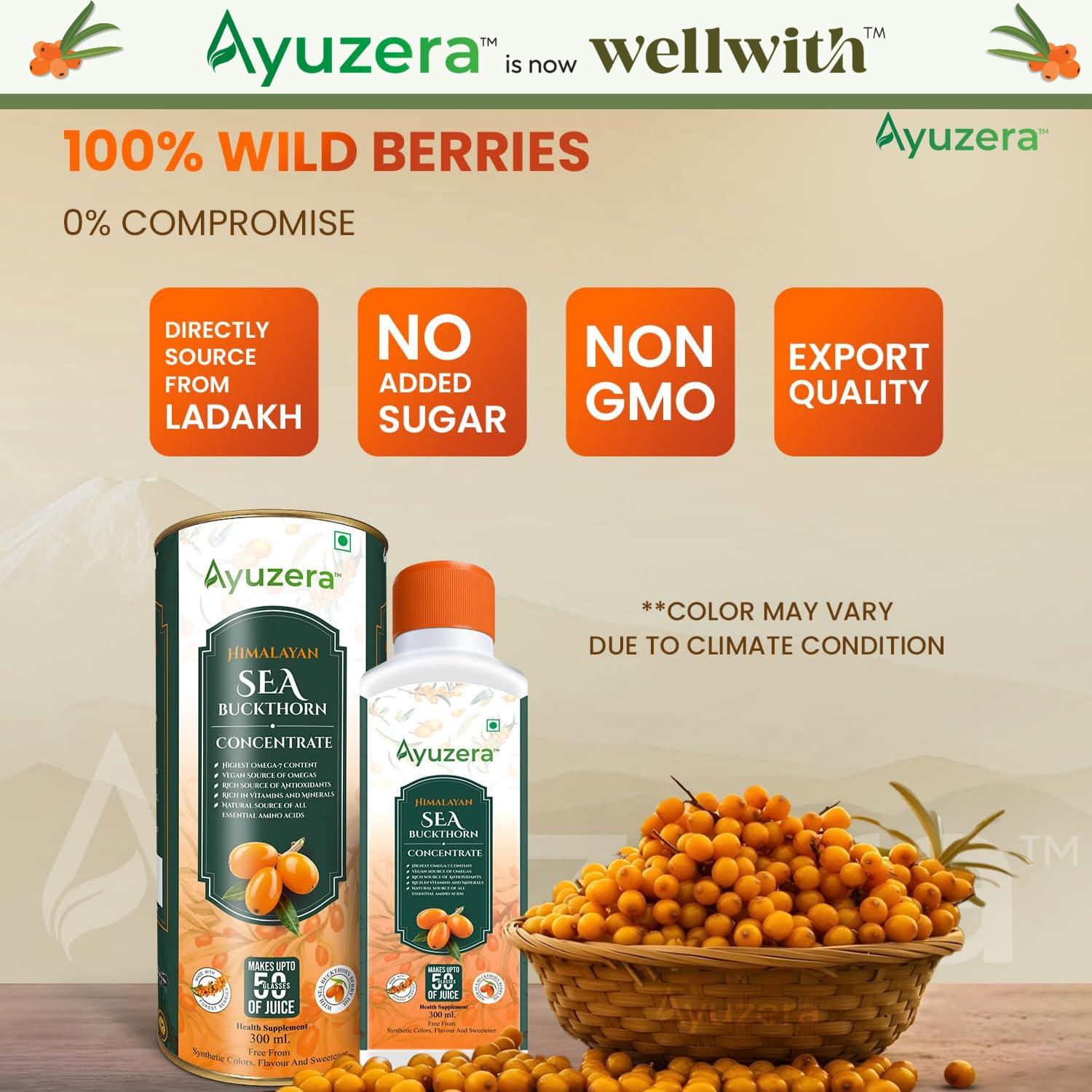 Ayuzera Ayuzera Himalayan Sea Buckthorn Pulp Concentrate 300ml | Liquid Supplements | Makes up to 50 Glass Juice (Rich in Vitamin C) | Lab Tested | Omega 3, 6, 7, and 9, and Antioxidants | (1)