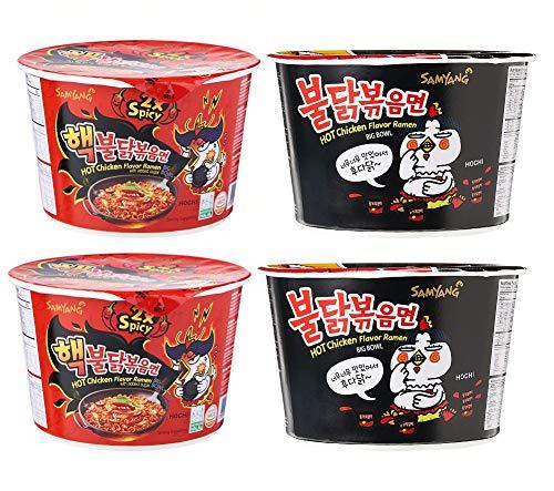 Sam Yang Samyang Big Bowl 2X Spicy 2Pack & Stir Fried 2Pack Hot Chicken Flavour Raman Cup Noodle, 105mg*4 Pack (Pack of 4) (Imported)