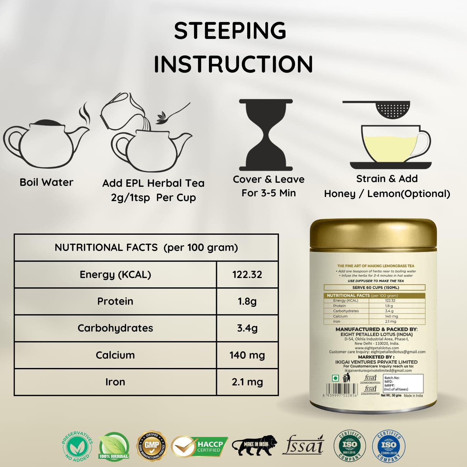 EIGHT PETALLED LOTUS Eight Petals Lotus Lemongrass Herbal Tea | Boost Metabolism | Helps in Acne | Refreshing | Gluten Free | No Chemical | Caffeine Free | 100% Natural | 50g Tin