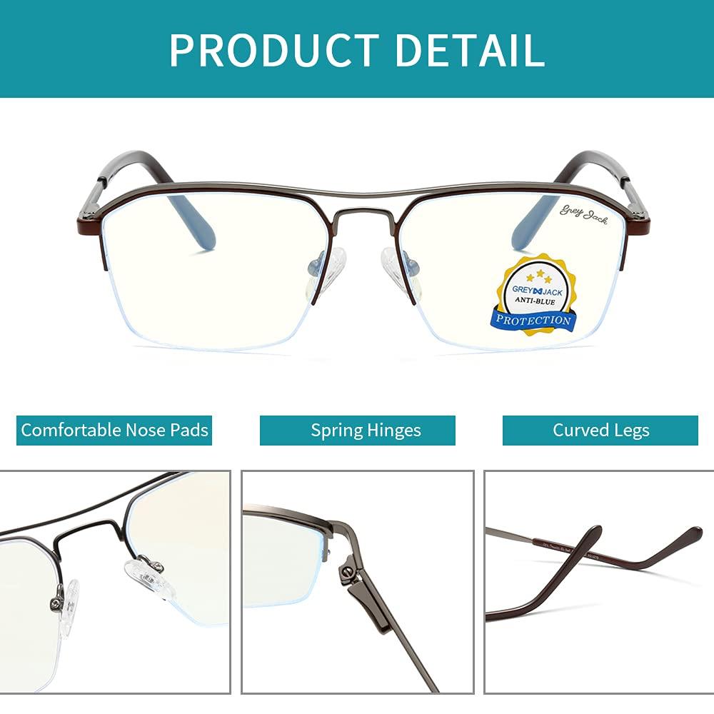 grey jack grey jack Polygon Half Rim Blue Light Fliter Glasses for Men Women UV Protected Computer Metal Frame Glasses 5154 Dark Gun/Brown