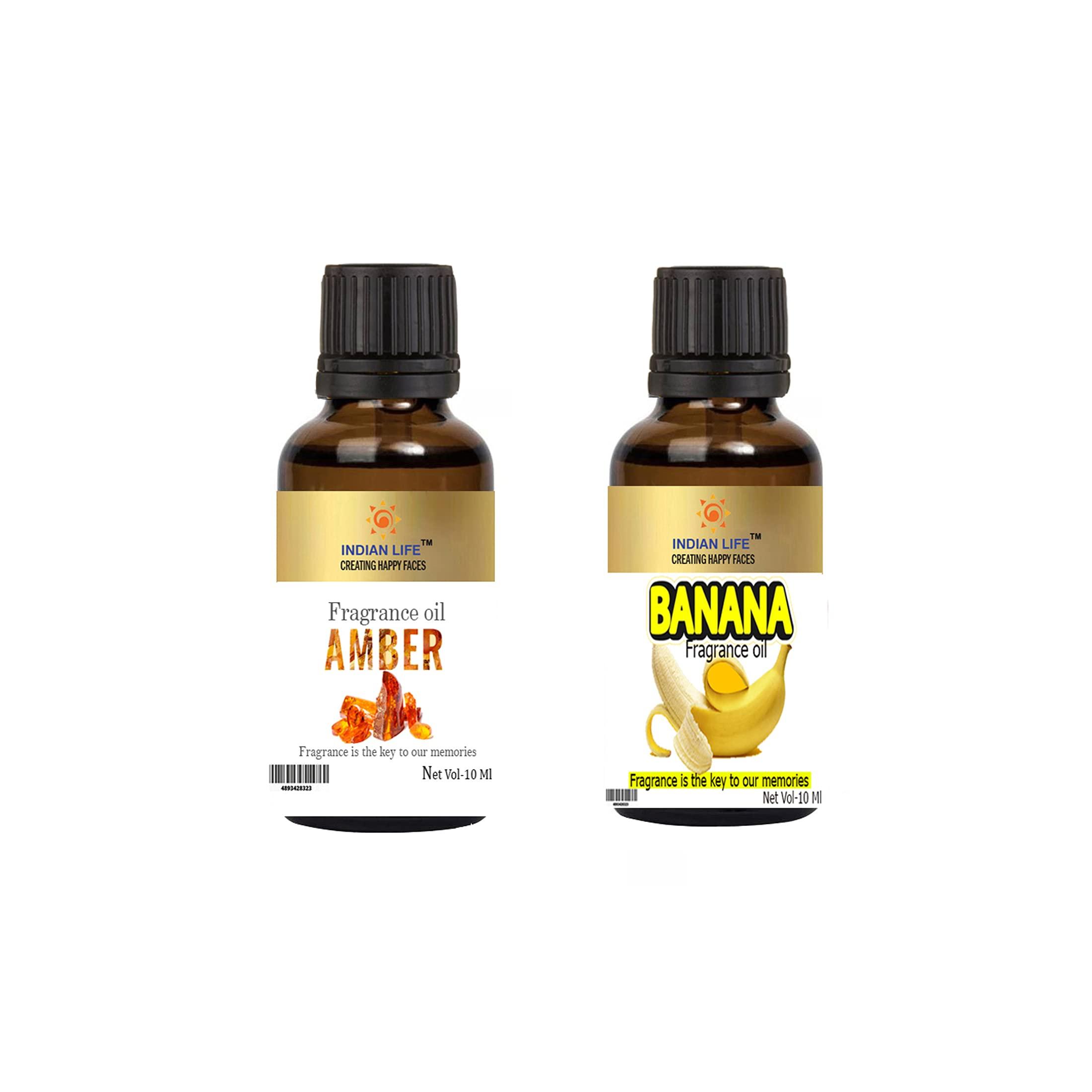 INDIANLIFE Natural Smell Fragrance Oil Amber and Banana For Bathbom|Herbal Handmade Soap|Room Freshener|Diffusion| Meditation(Pack of 2) 10 Ml each