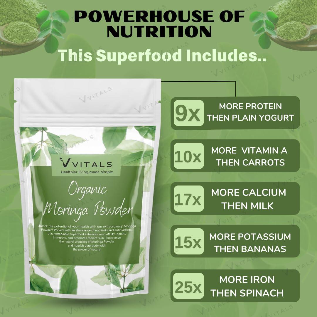 Vvitals Vvitals 100% Pure Organic Moringa Leaf Powder - 400 gm - Oleifera / Drumstick Leaves Powder natural multivitamin superfood improves Immunity, Digestion & Energy | Moringo / Murungai / Munagaku Podi for eating, helps in manage weight, hair grow & skin