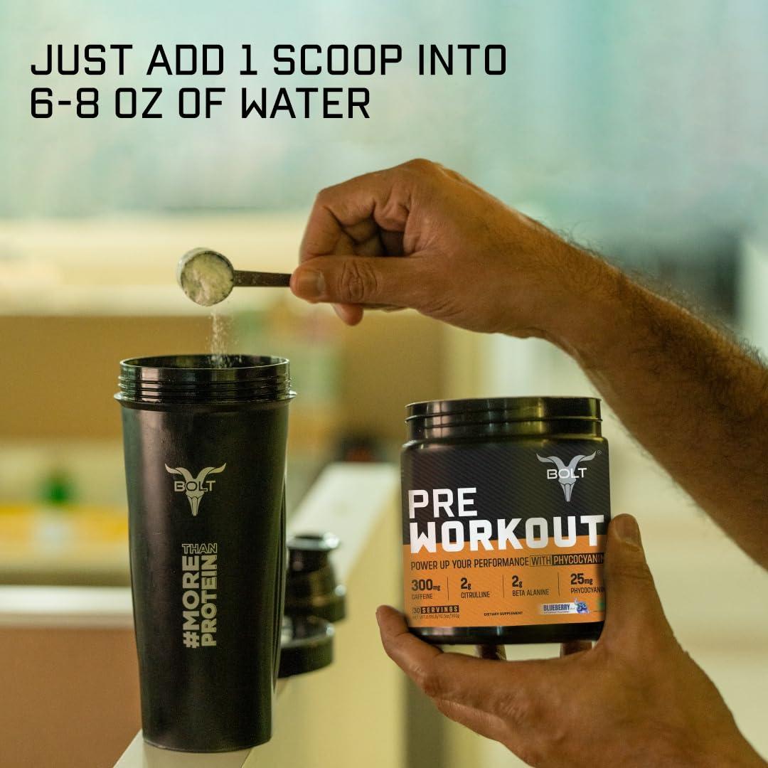 Bolt Bolt Nutrition Pre Workout Supplement With Caffeine Powder, Citrulline Malate, B-Alanine, Taurine For Explosive Energy, Pump & Focus 300G,30 Servings Blue Berry Blast