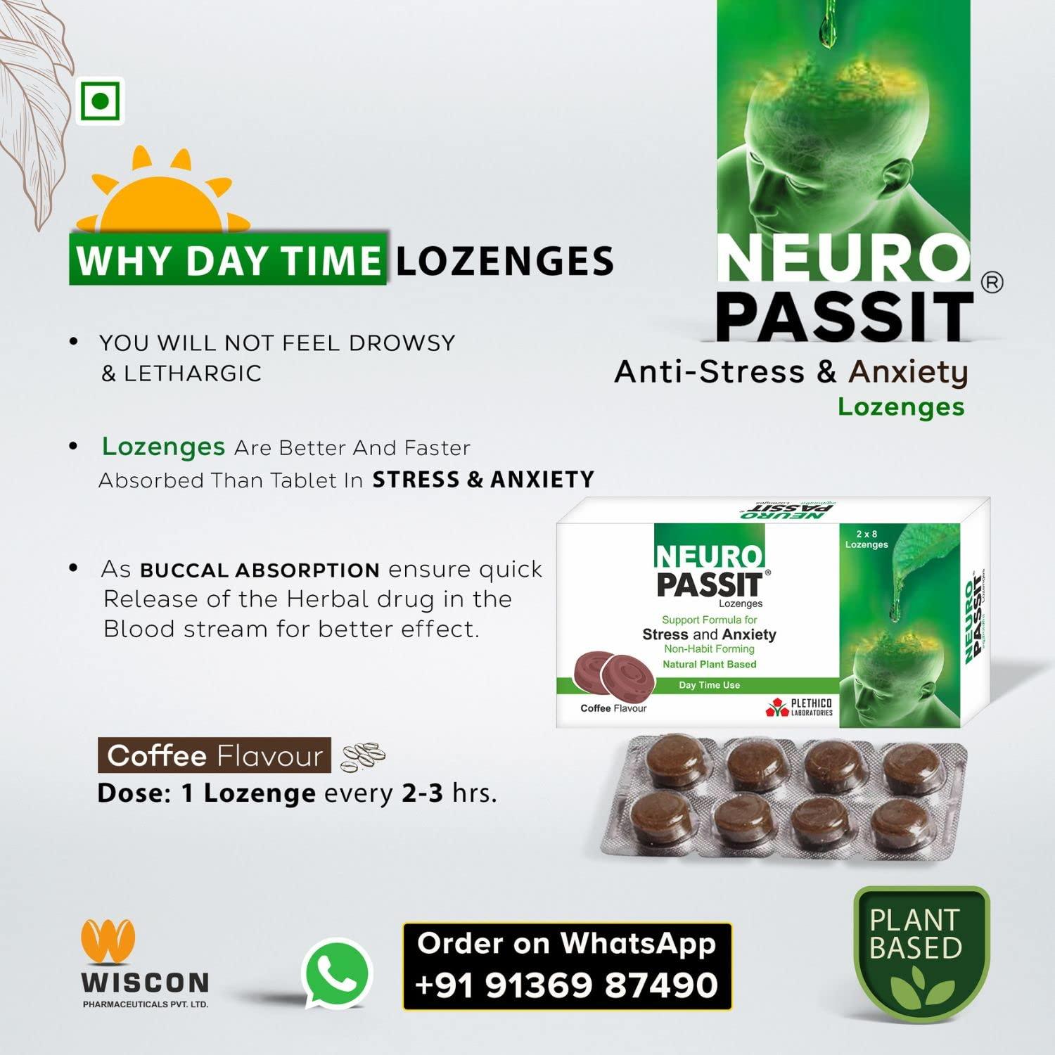 Wiscon Neuropassit Lozenges | 48 lozenges Helps in Reduces Stress and Anxiety | Ayurvedic Natural herbal Plant based | day time Formula | Buccal absorption | coffee flavour| non drowsy antistress | brain tonic | jyotishmati | Brahmi | tagar | Amla