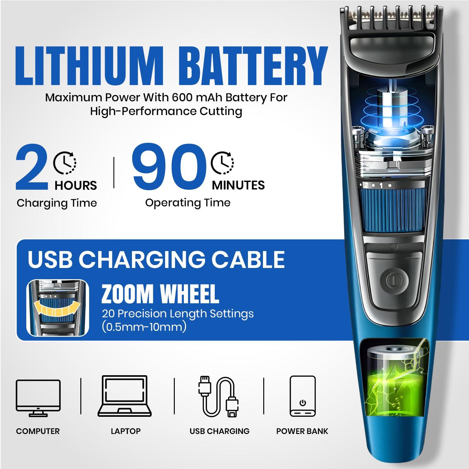 VGR VGR V-052 Professional Hair Trimmer for men  Adjustable Length Settings (0.5-10mm), USB Rechargeable, Cord/Cordless Operation, Washable Head, Includes Guide Comb & Cleaning Accessories (Blue)