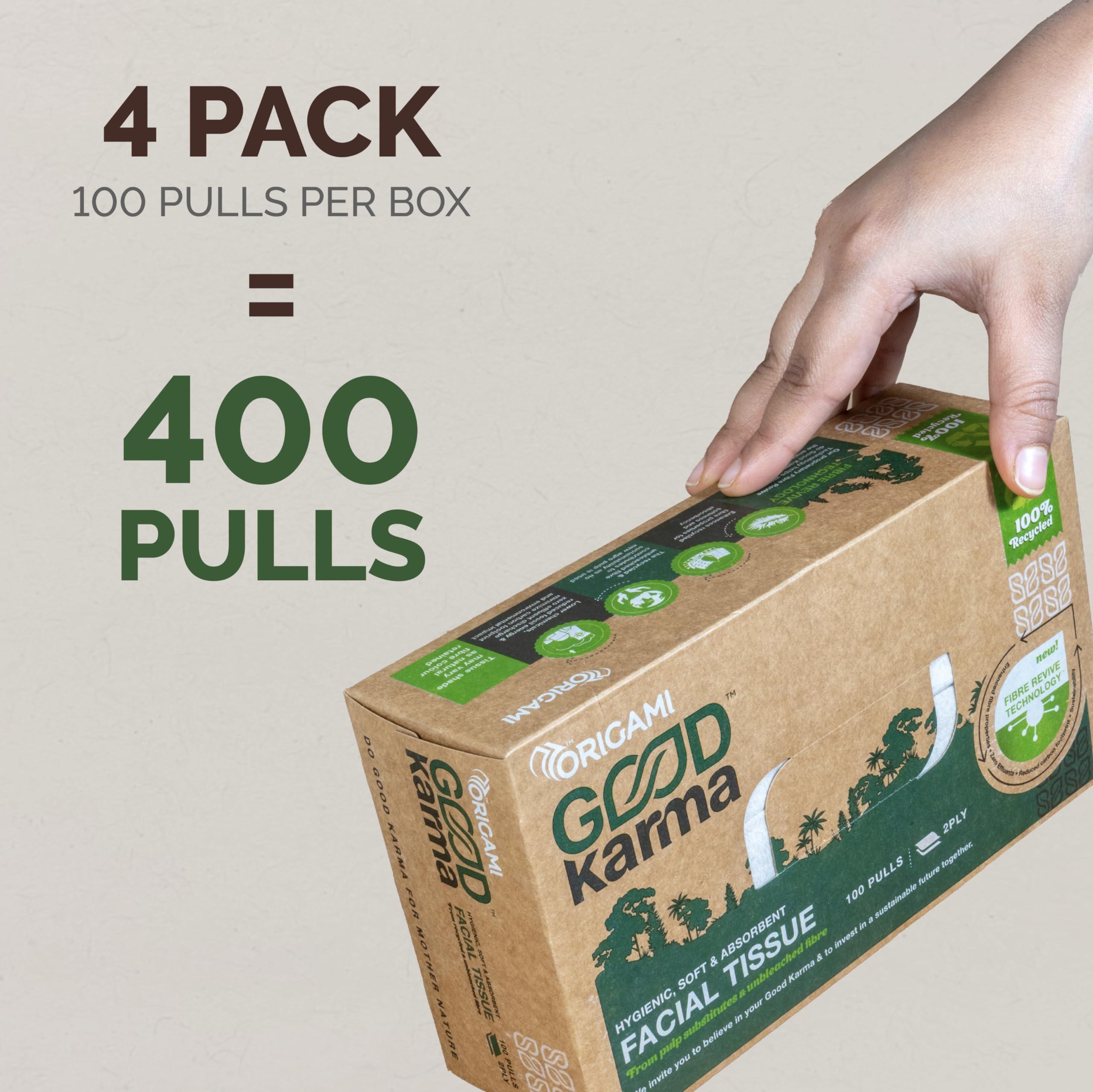 Origami Origami Good Karma 2 Ply Eco-Friendly Unbleached Facial Tissue Box | Car Tissue - Pack of 4 (100 Pulls Per Box, 400 Sheets)