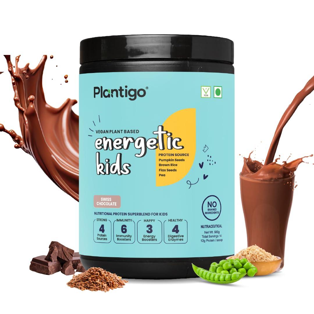 PLANTIGO Plantigo Kids Protein 14g, 11 Vitamins, 8 Minerals, Vegan Nutrition Supplement | Muscle, Bone Growth & Brain Health | Plant Based Protein Powder for Kids 10+ years | (Swiss Chocolate Flavor - 500g)